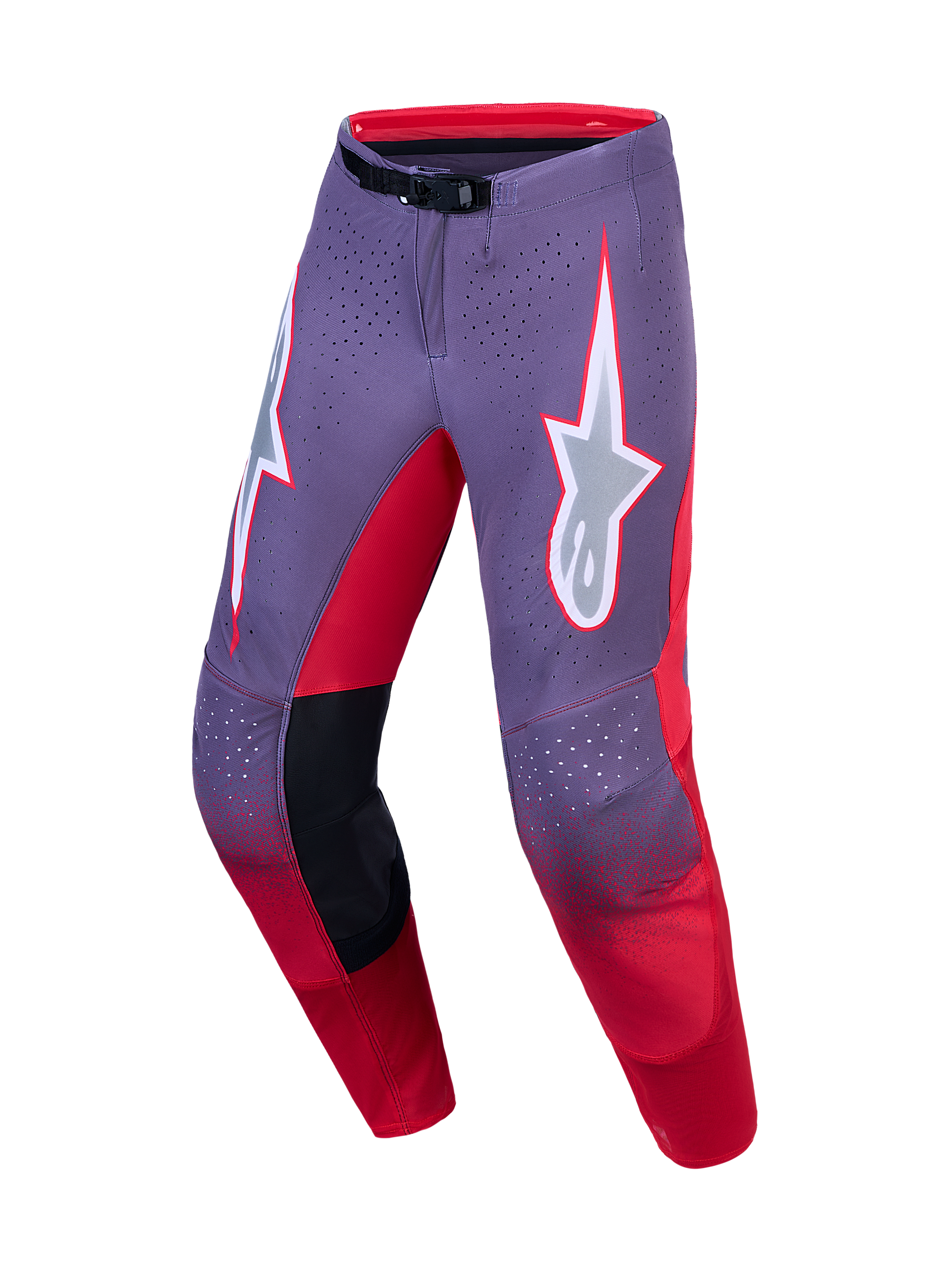 Alpinestars Supertech Hiten AFD motocrossbroek, paars en rood, met gelaserde ventilatie en racepasvorm.