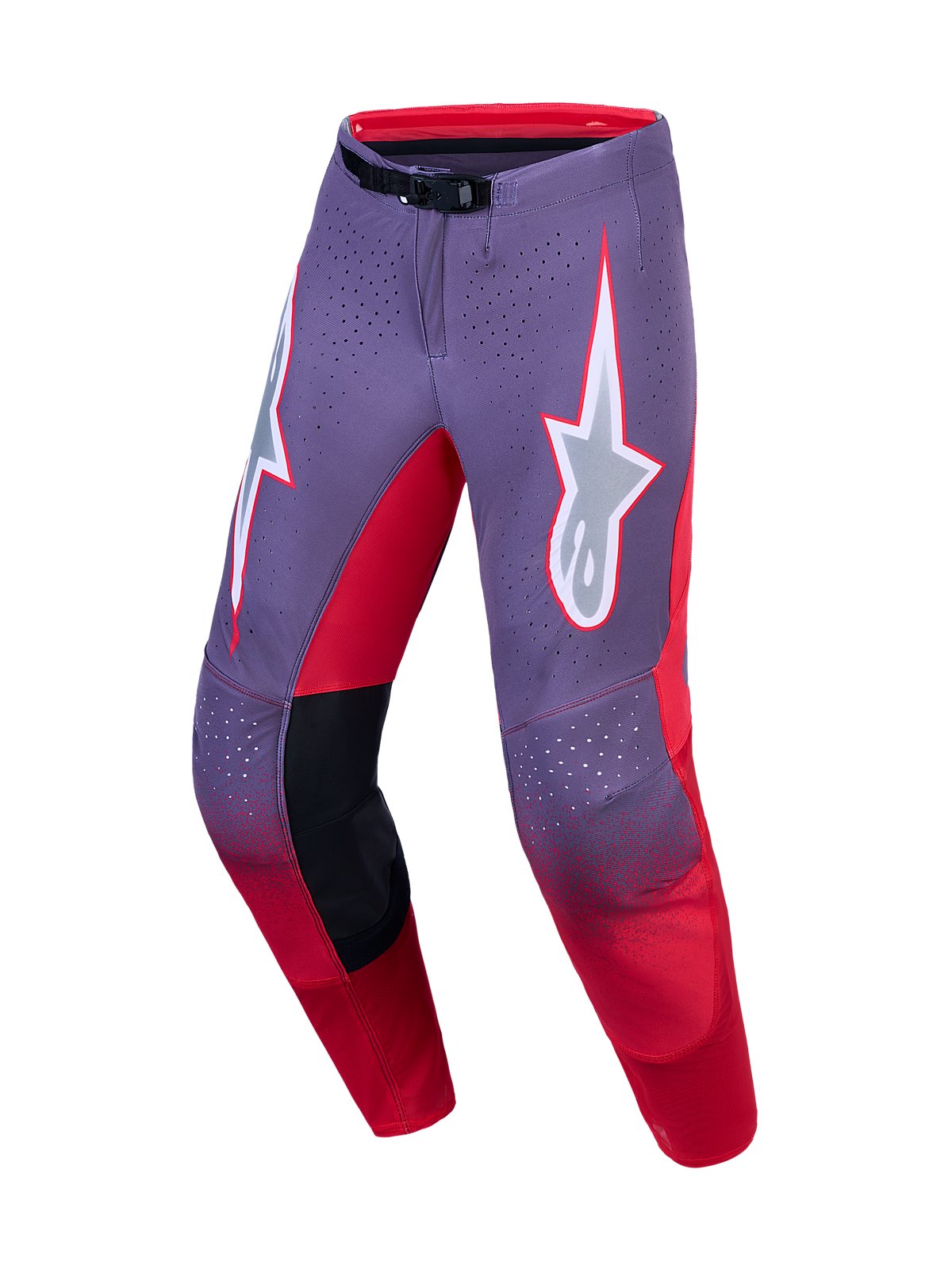 Alpinestars Supertech Hiten AFD broek, herenmotocrossbroek, lila en fluorood, stretch ripstop constructie met ventilatie.