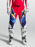 Alpinestars Supertech Dyna broek voor heren, motorcross racing-uitrusting, rood en blauw met gele accenten, geitenleren kniepanelen en magnetische gesp.