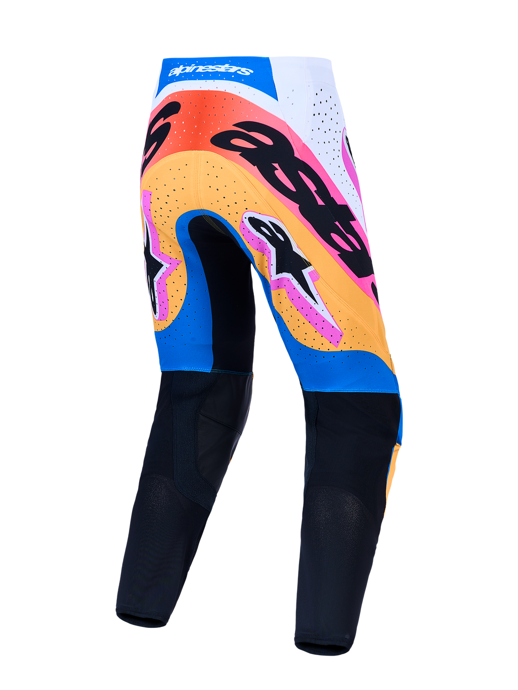 Alpinestars Supertech Dyna, pantalons de motocross pour homme, bleu et noir avec graphismes colorés, vue de dos
