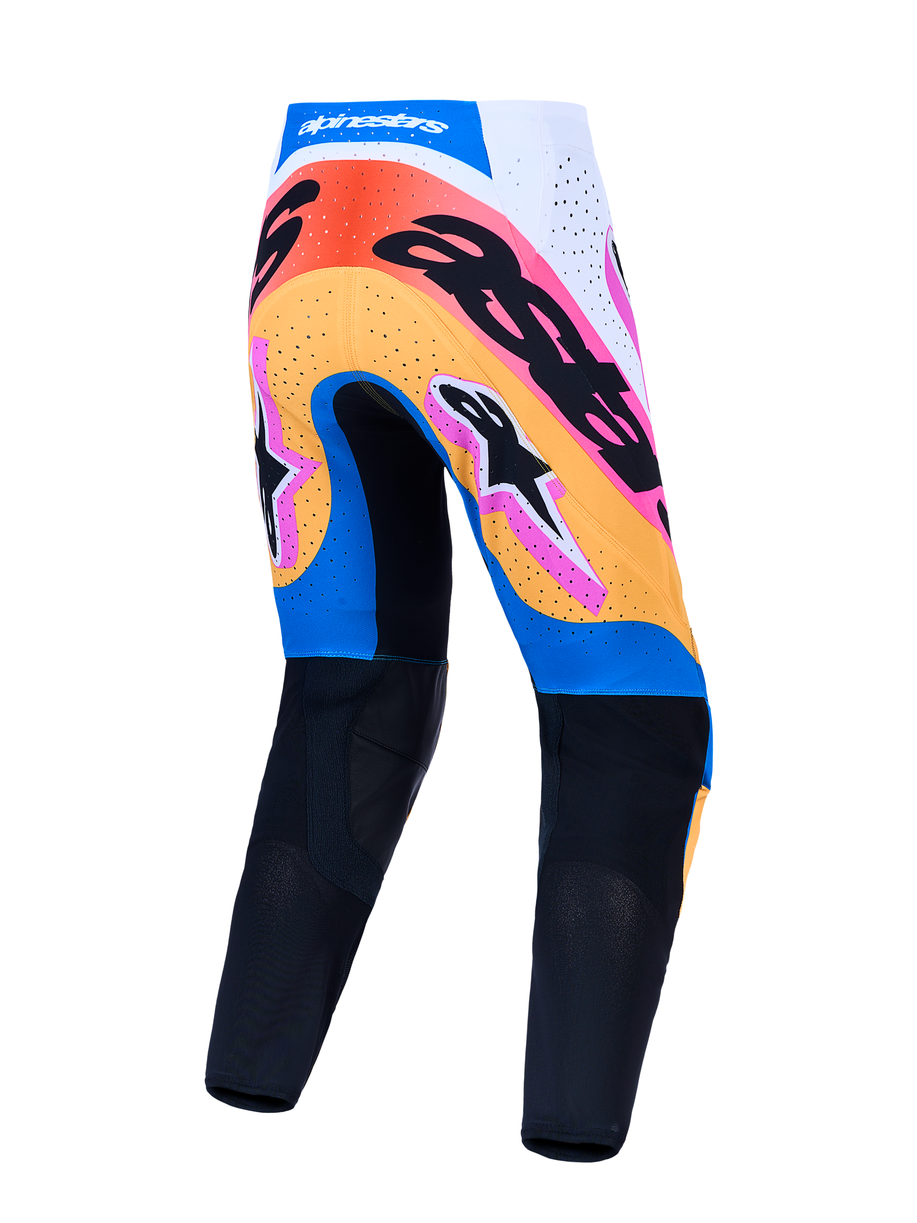 Alpinestars Supertech Dyna, pantalons de motocross pour homme, bleu et noir avec graphismes colorés, vue de dos