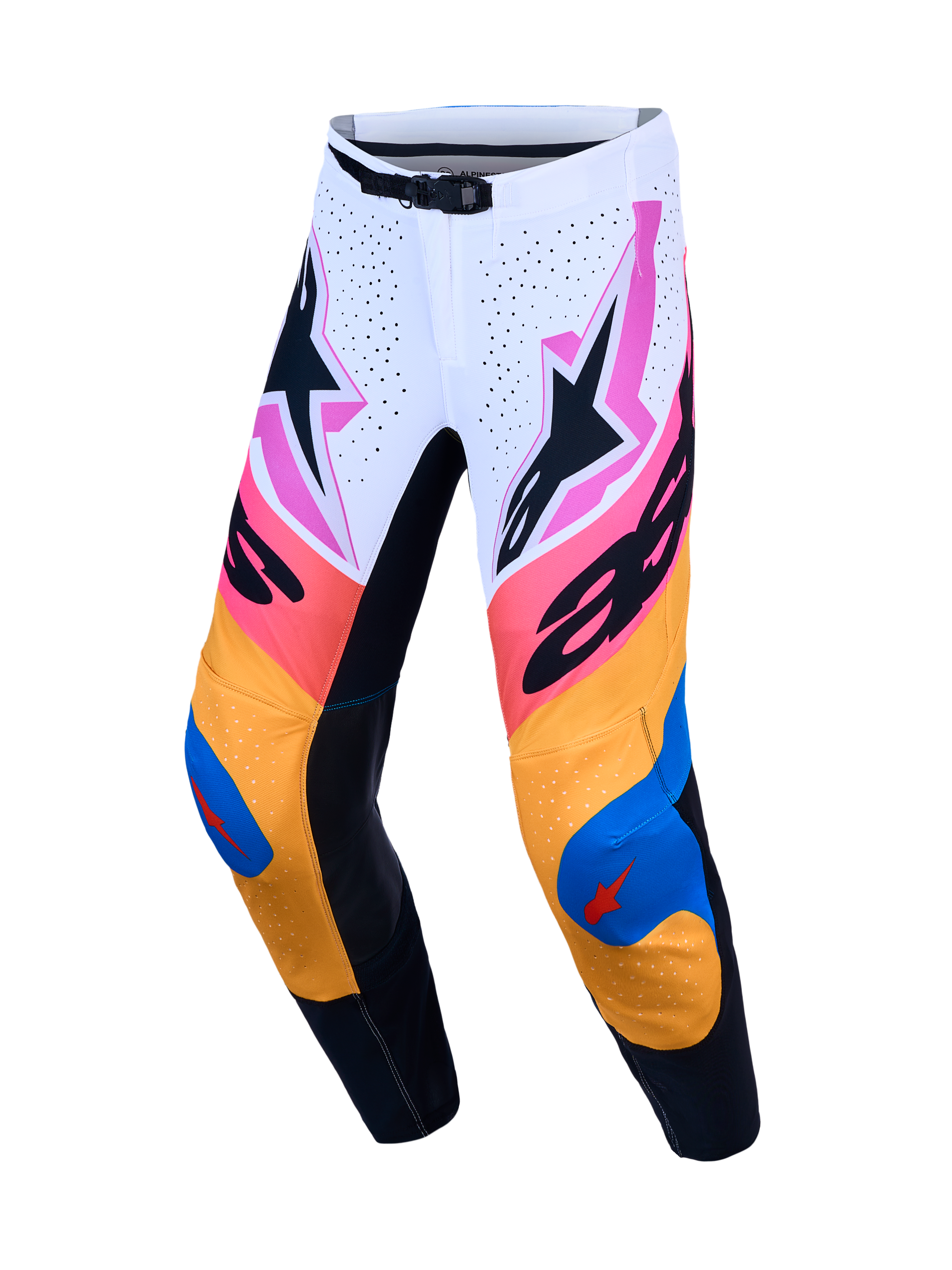 Pantalons Alpinestars Supertech Dyna, équipement de motocross performance blanc, bleu et orange en rip-stop extensible.