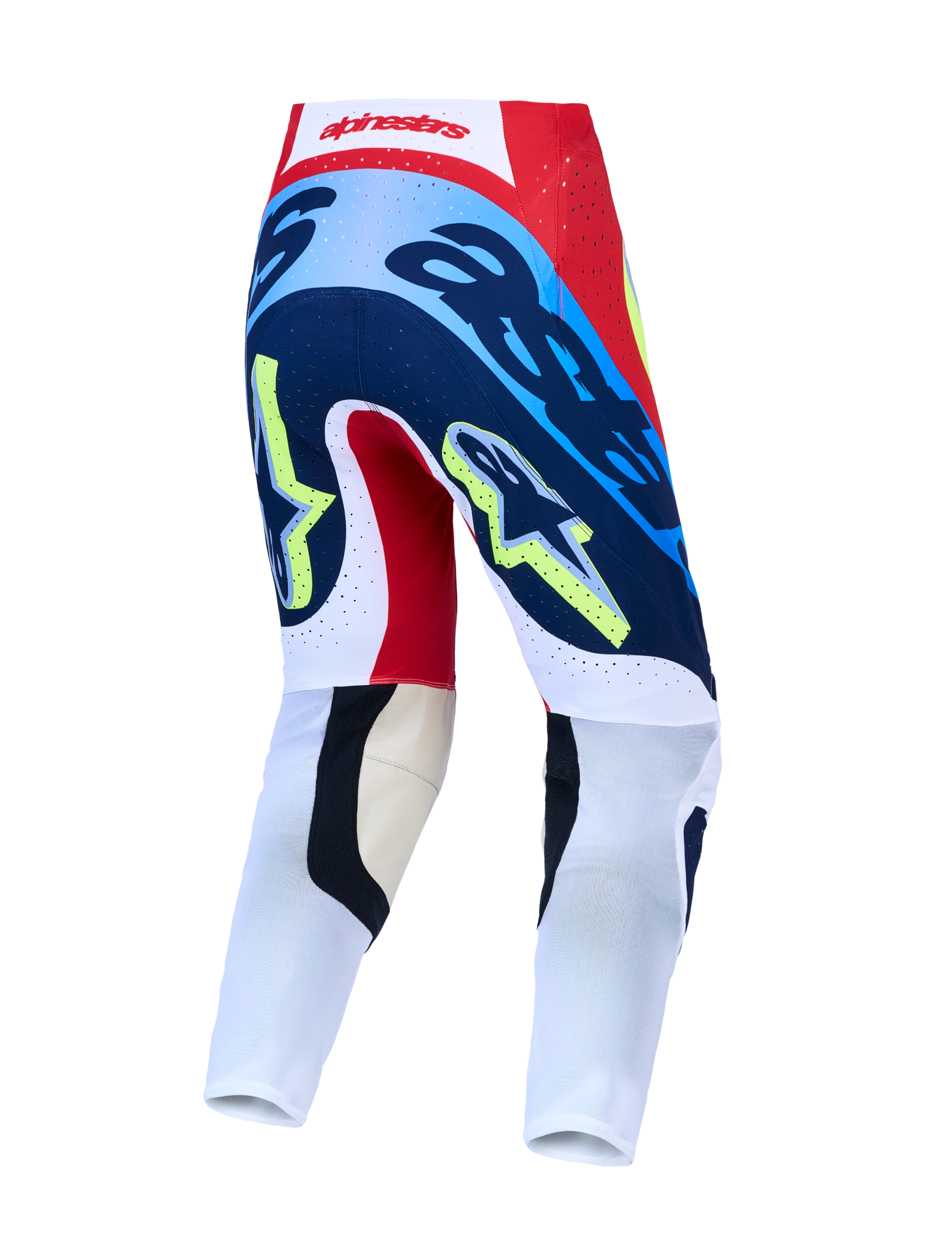 Alpinestars Supertech Dyna motocrossbroek, racing, rood en navyblauw, achteraanzicht met atletische pasvorm.