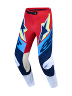 Alpinestars Supertech Dyna heren motorcrossbroek, rood, wit en donkerblauw met geitenleren kniepanelen voor off-road racing.