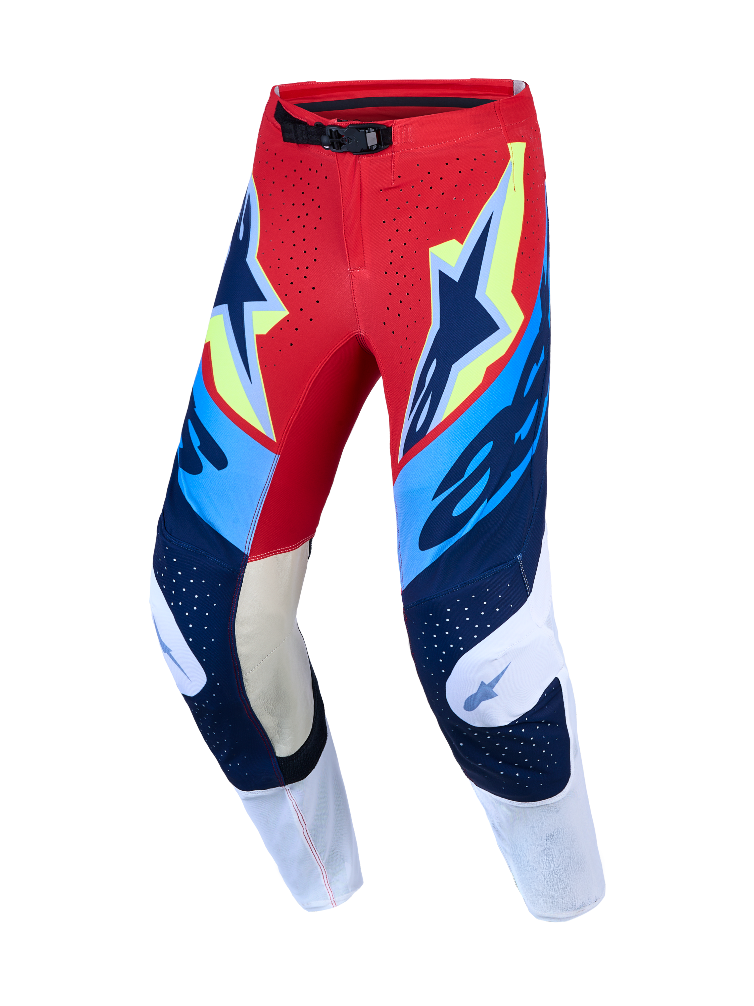Alpinestars Supertech Dyna heren motorcrossbroek, rood, wit en donkerblauw met geitenleren kniepanelen voor off-road racing.