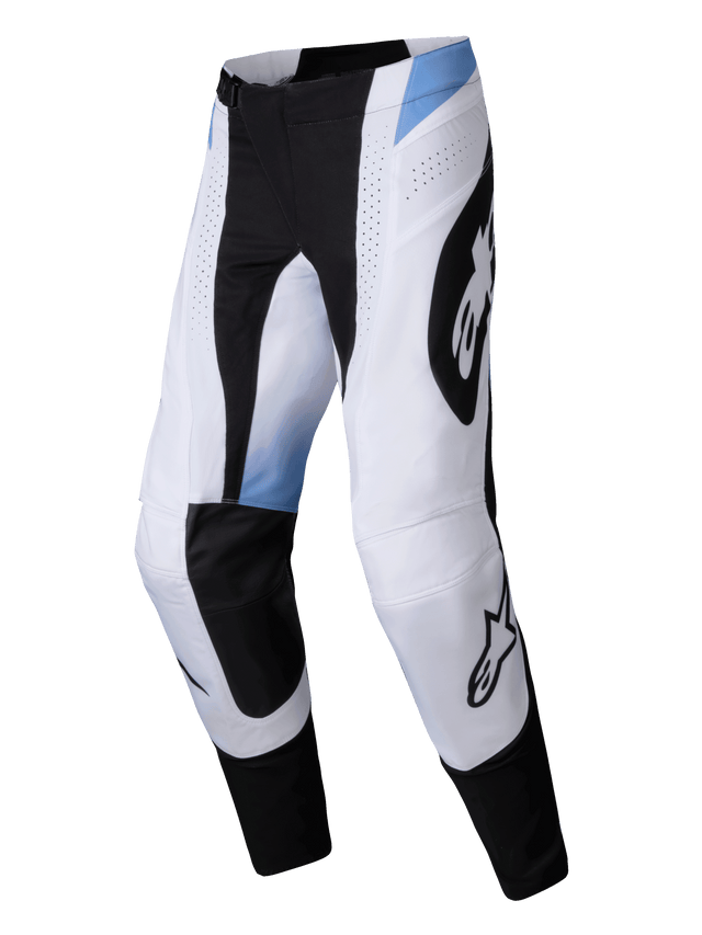 Alpinestars 2025 Techstar Melt Pants, Motocross Pants, White and Black with Light Blue accents, featuring large black Alpinestars logos, laser-cut ventilation holes, and a durable athletic fit for off-road racing.