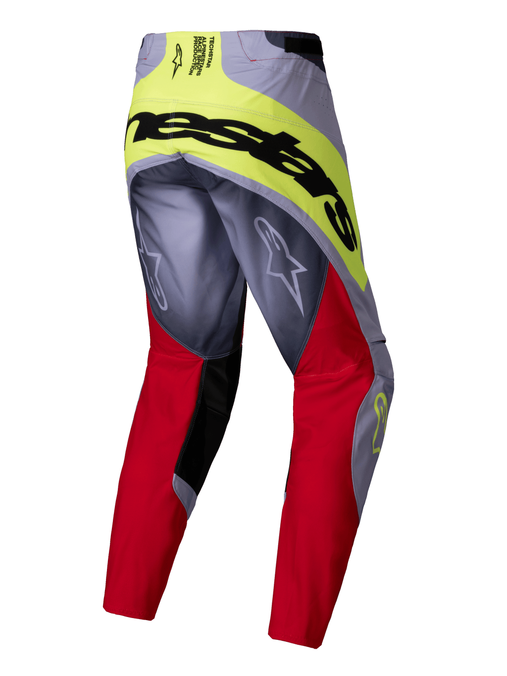 Alpinestars Techstar Melt Pants 2025, pantalon de motocross, rouge vif et gris avec des accents jaune fluo, vue arrière montrant un grand marquage Alpinestars noir sur l'assise, logos Astars sur les jambes, conception multi-matières durable pour la course tout-terrain