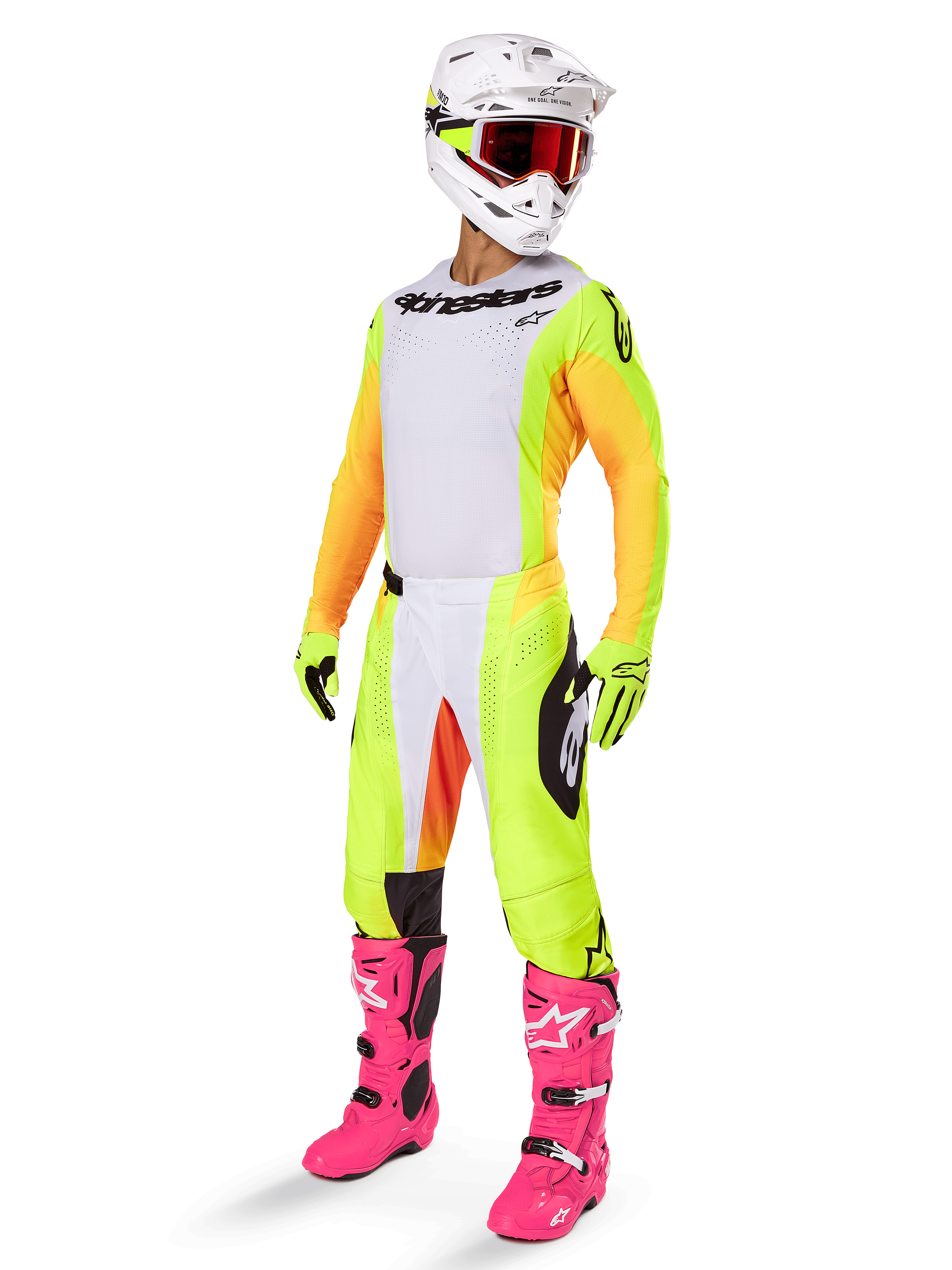 Alpinestars 2025 Techstar Melt Ausrüstungsset, komplettes Motocross-Rennoutfit, weißes Trikot mit gelben und orangefarbenen Ärmeln, neongelbe Hose, leuchtend pinke Stiefel, weißer Helm mit roter Brille, gelbe Handschuhe, lebendige farbenfrohe Rennbekleidung