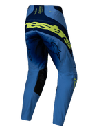 Alpinestars 2025 Techstar Melt crossbroek, motorcrossbroek, geel fluo blauw, achteraanzicht met grote fluorescerende gele branding over de achterkant, marineblauwe panelen, sterlogo's op de dijen en zwarte knieversterkingen aan de binnenzijde