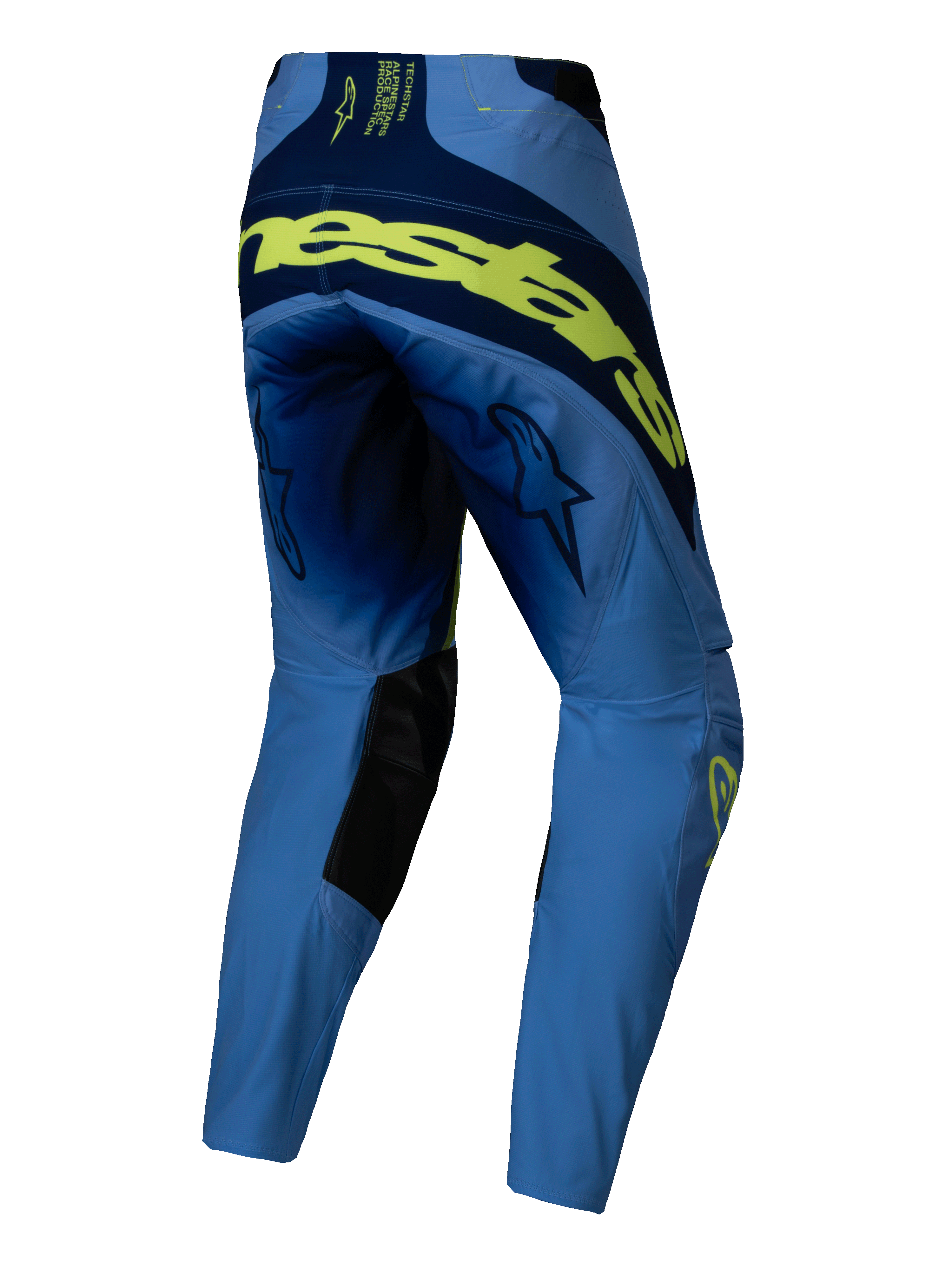 Alpinestars 2025 Techstar Melt crossbroek, motorcrossbroek, geel fluo blauw, achteraanzicht met grote fluorescerende gele branding over de achterkant, marineblauwe panelen, sterlogo's op de dijen en zwarte knieversterkingen aan de binnenzijde