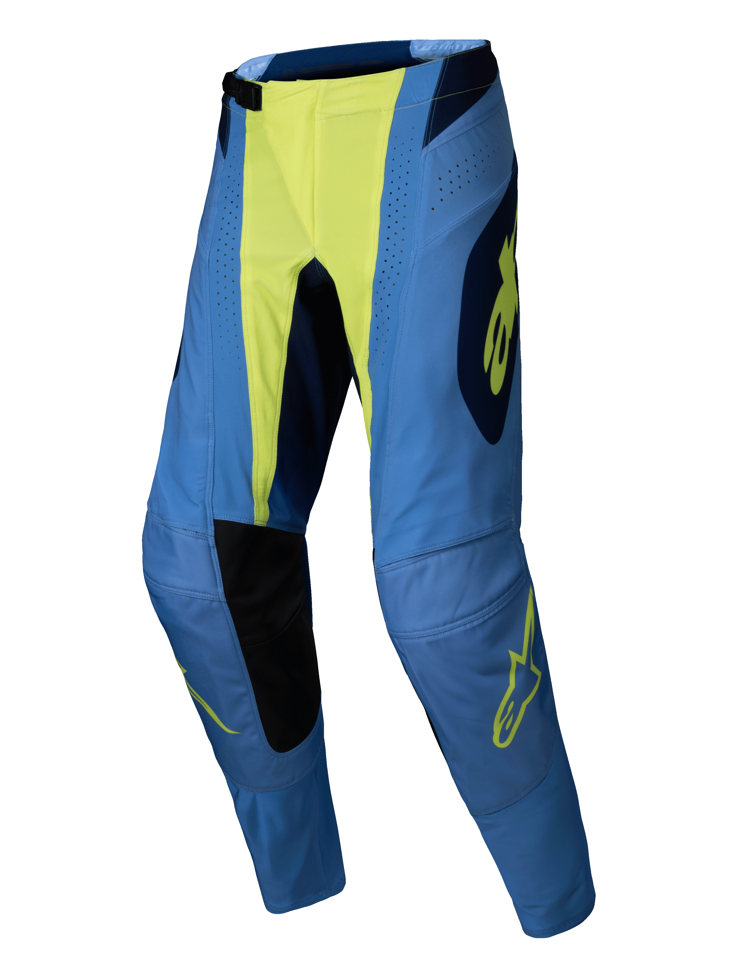 Alpinestars 2025 Techstar Melt crossbroek, motorcross broek, blauw met fluogeel middenstuk en logo-details, zwarte binnenkniepanelen, laserperforaties, atletische racepasvorm voor off-road prestaties