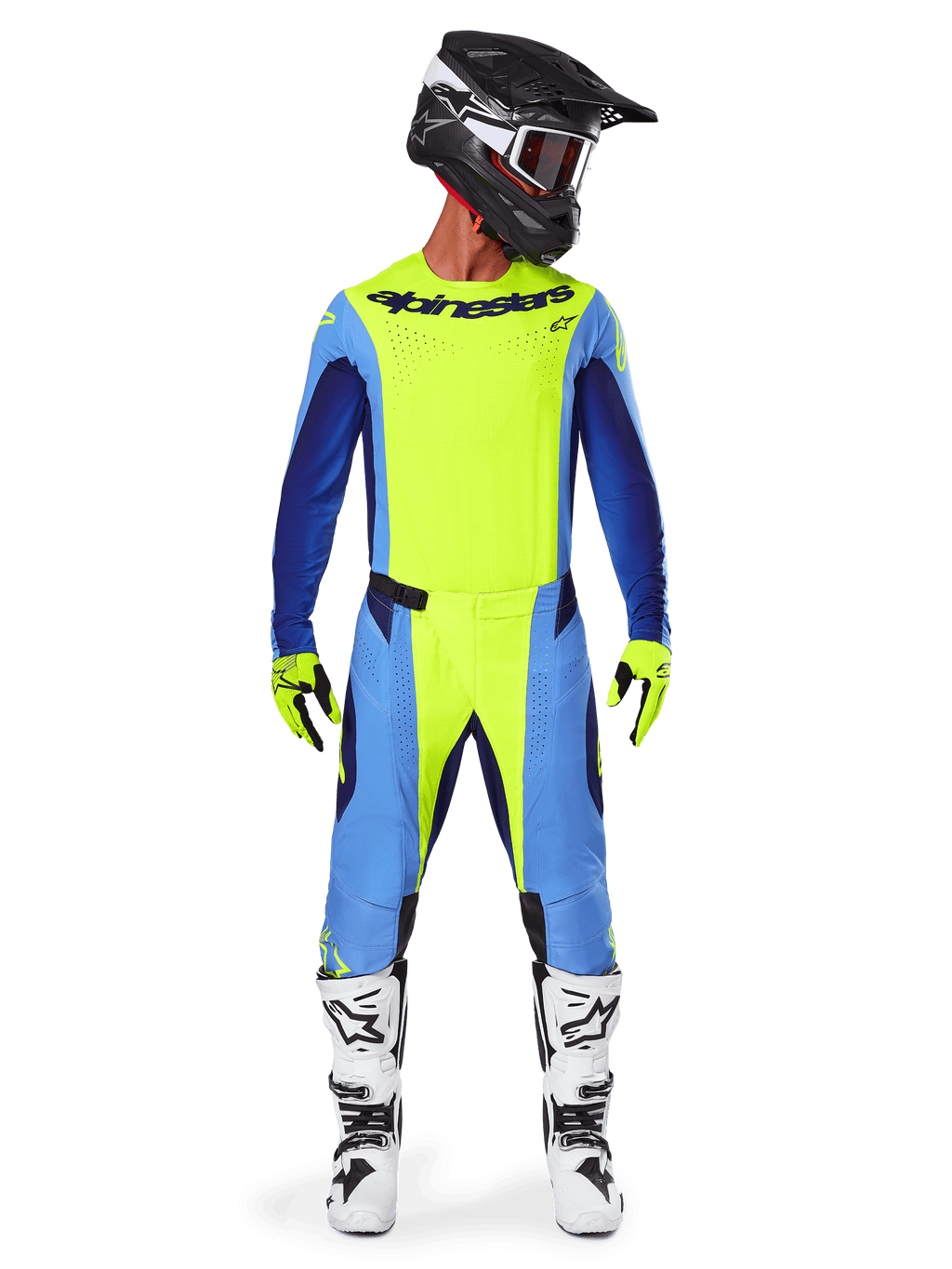 Alpinestars 2025 Techstar Melt broek, motorcrossbroek, fluogeel blauw, gedragen met bijpassende jersey, gele handschoenen en witte en zwarte laarzen, voorzien van een zwarte helm met rode bril, complete race-uitrusting voor off-road prestaties