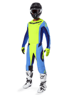 Alpinestars 2025 Techstar Melt Gear Set, tenue de motocross complète, jaune fluo et bleu, casque noir avec lunettes, gants jaunes et noirs, bottes blanches et noires, kit complet d'équipement MX