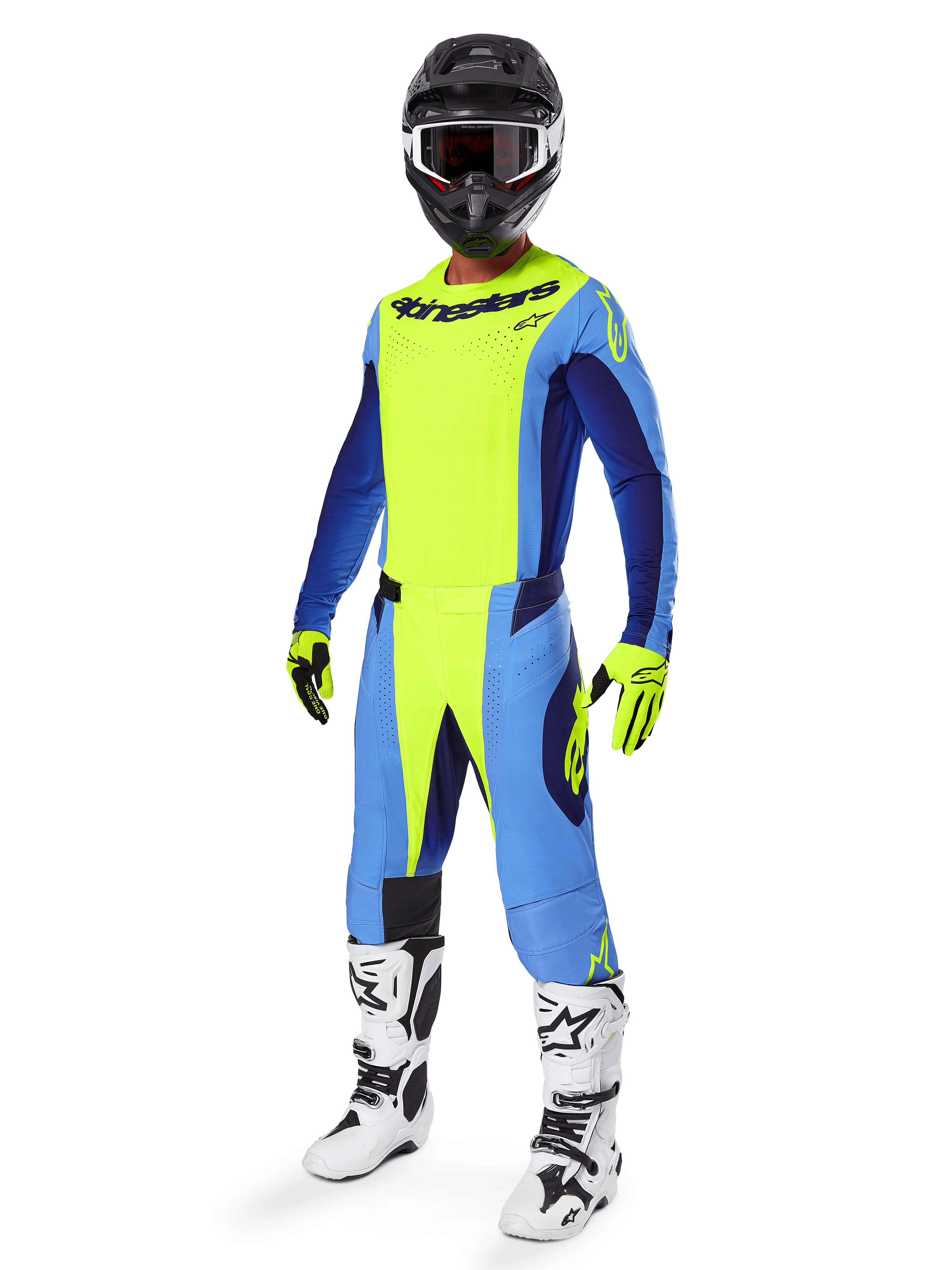 Alpinestars 2025 Techstar Melt Gear Set, komplettes Motocross-Rennoutfit, Neongelb und Blau, schwarzer Helm mit Brille, gelbe und schwarze Handschuhe, weiße und schwarze Stiefel, vollständiges MX-Ausrüstungsset