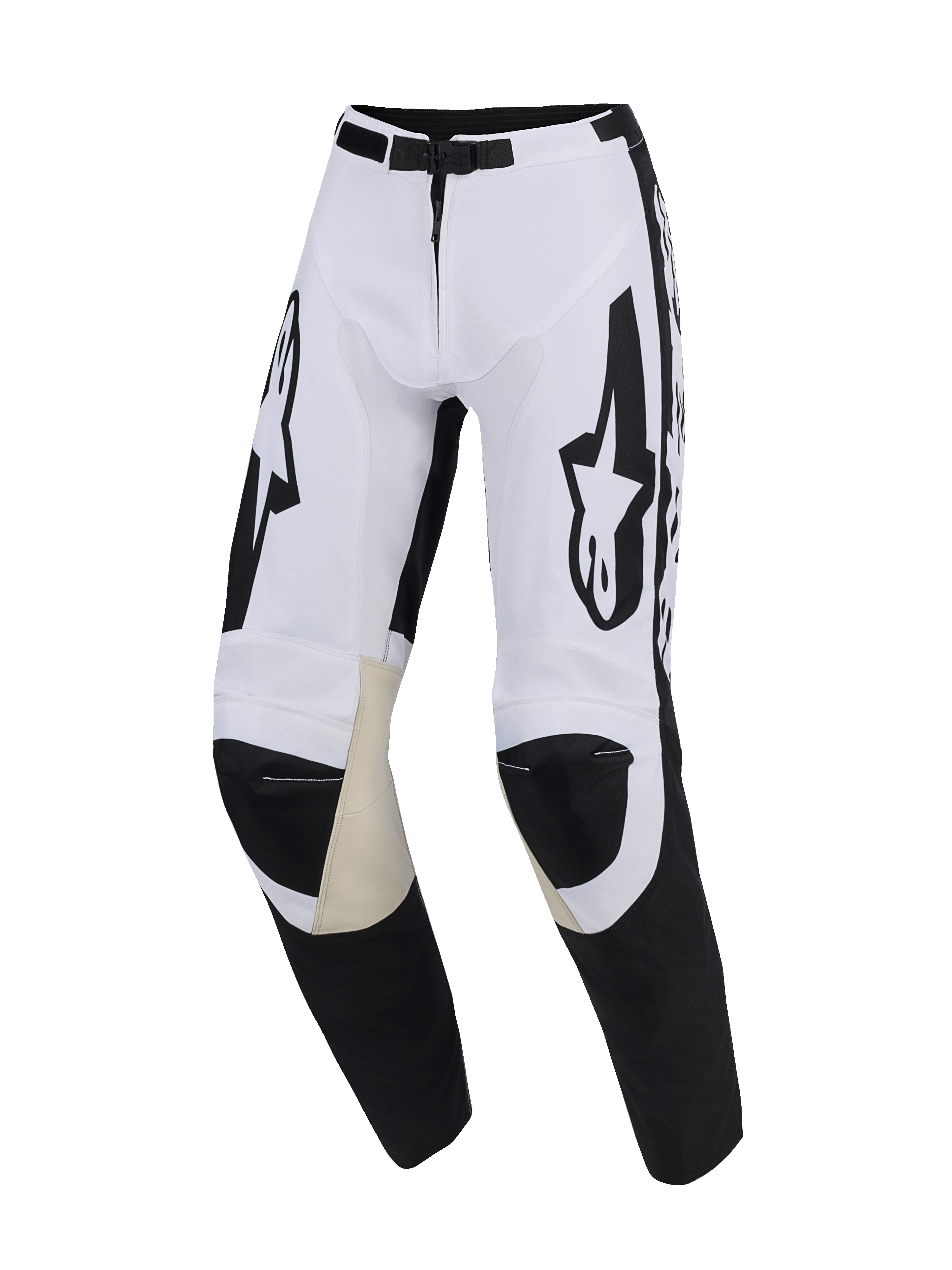 Alpinestars 2026 Racer Riway broek, motorcrossbroek, wit en zwart, met tankleurige geitenleren panelen aan de binnenzijde van de knie, grote zwarte Alpinestars-logo's op de dijen, magnetische gespsluiting en sportief voorgevormd ontwerp voor off-road rijden