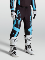 Alpinestars Supertech Vesta broek, motorcross racing-broek voor heren, zwart en turquoise, stretch rip-stop met lederen kniepanelen.