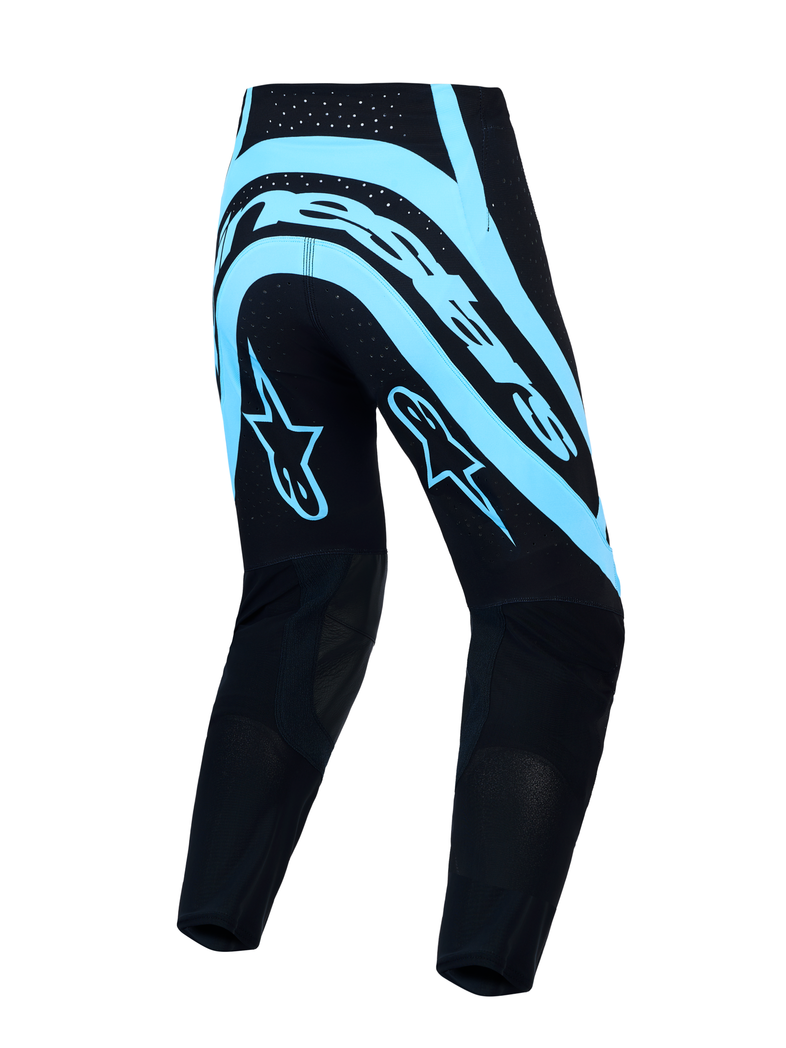 Alpinestars Supertech Vesta motorcrossbroek, herenmodel, zwart en turkoois, atletische racepasvorm met stretch rip-stop en geventileerde Stretchnet-zones.