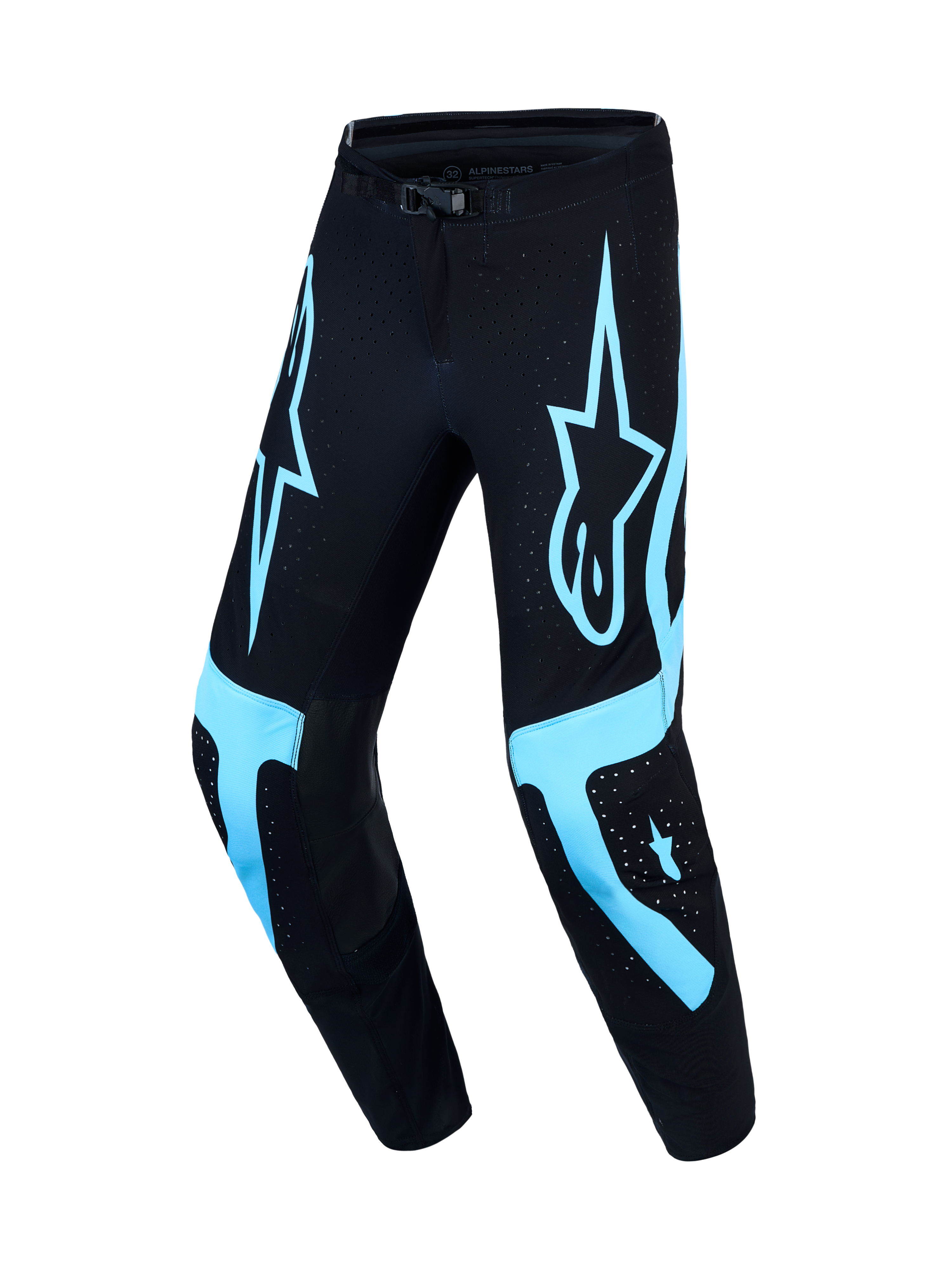 Alpinestars Supertech Vesta broek, motocrossbroek voor heren, maat 32, zwart en turquoise, atletische racepasvorm met geventileerde stretch rip-stop-stof