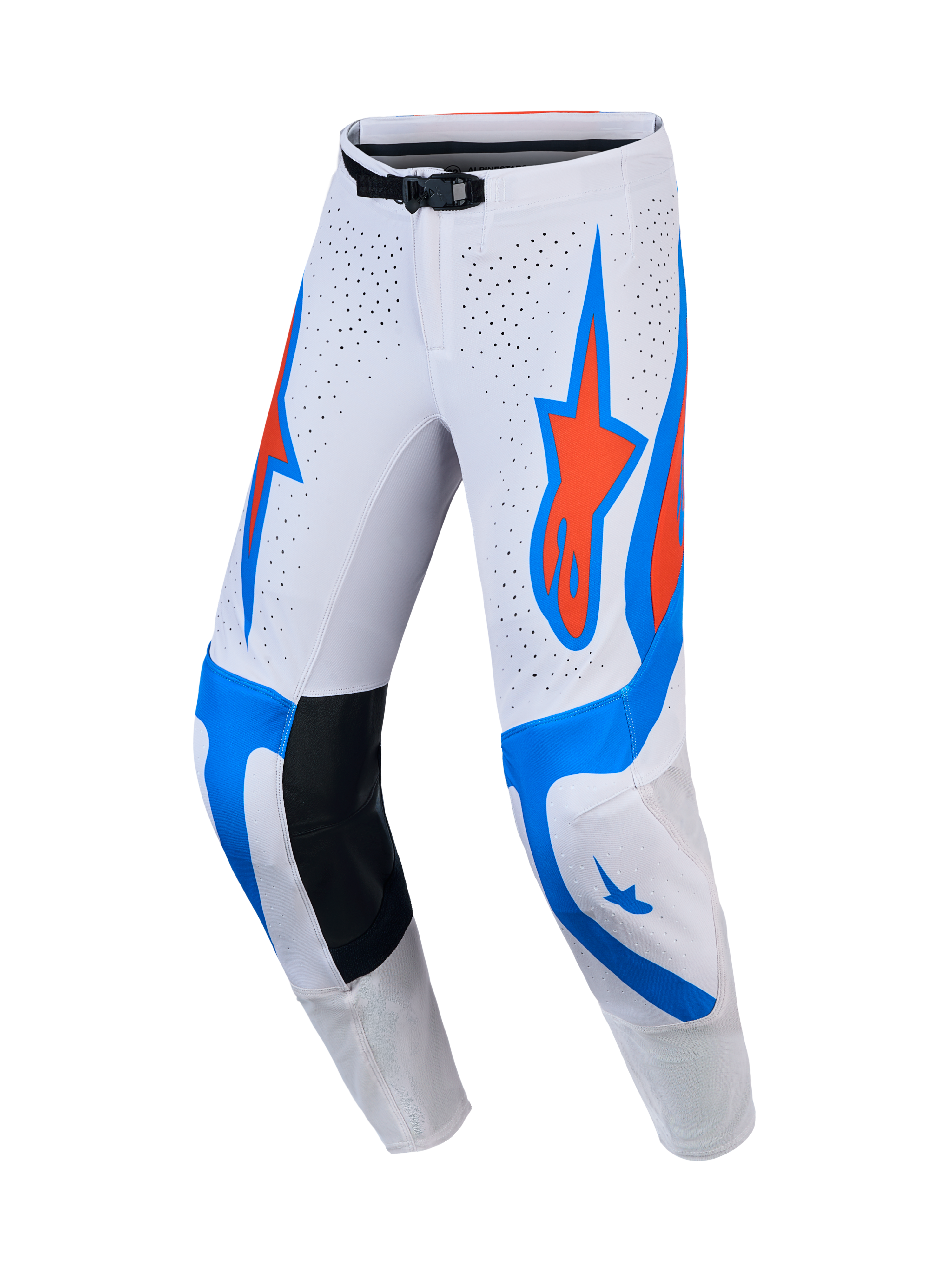 Alpinestars Supertech Vesta heren motocrossbroek in wit, lichtlila en kardinaalrood met geperforeerde panelen.