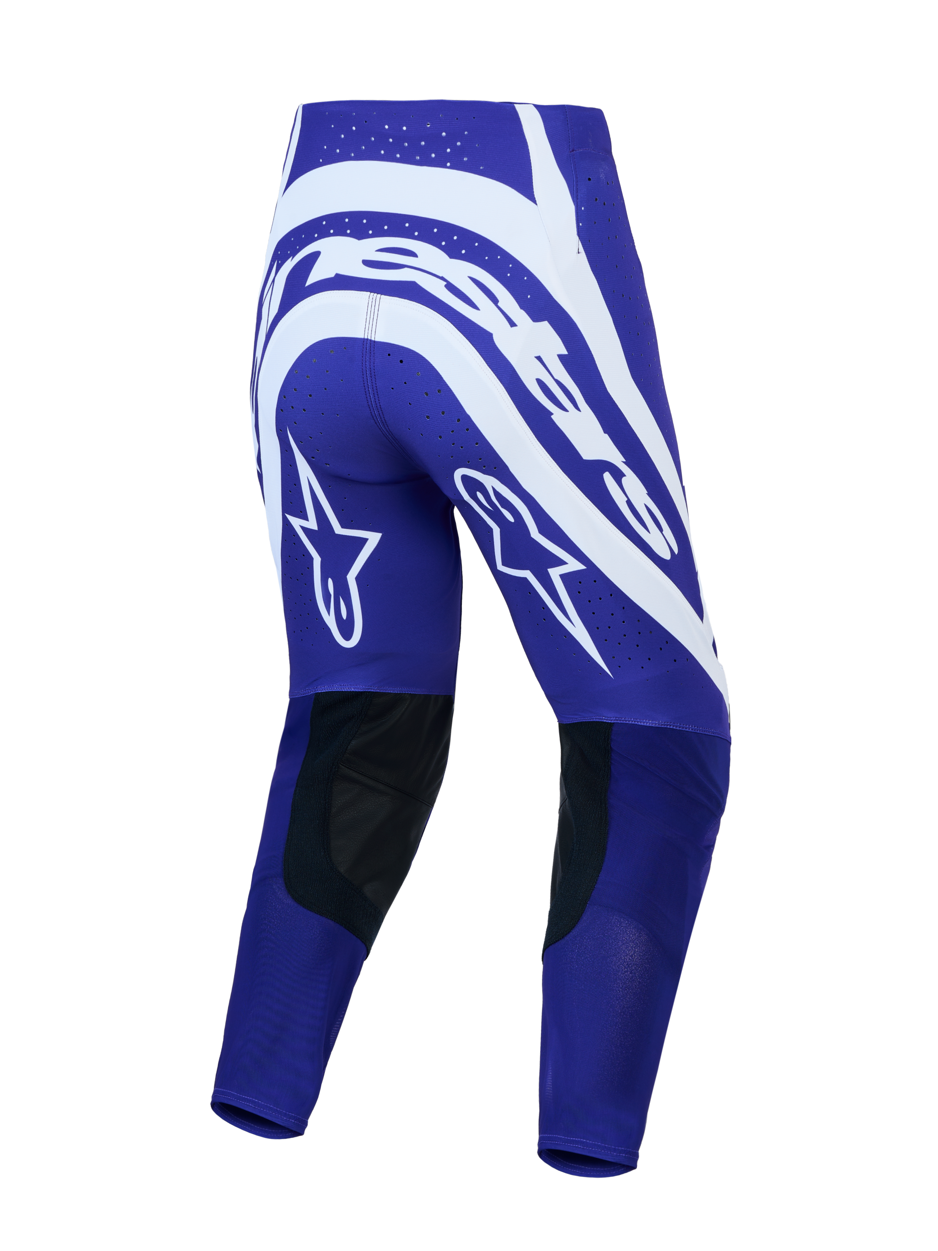 Alpinestars Supertech Vesta broek, herenmotorcrossbroek, diepblauw en wit, achteraanzicht met stergrafieken en leer.