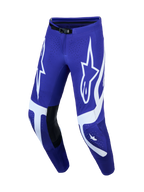 Alpinestars Supertech Vesta broek, heren motorcrossbroek, donkerblauw en wit, met leren kniepanelen en ster-graphics.