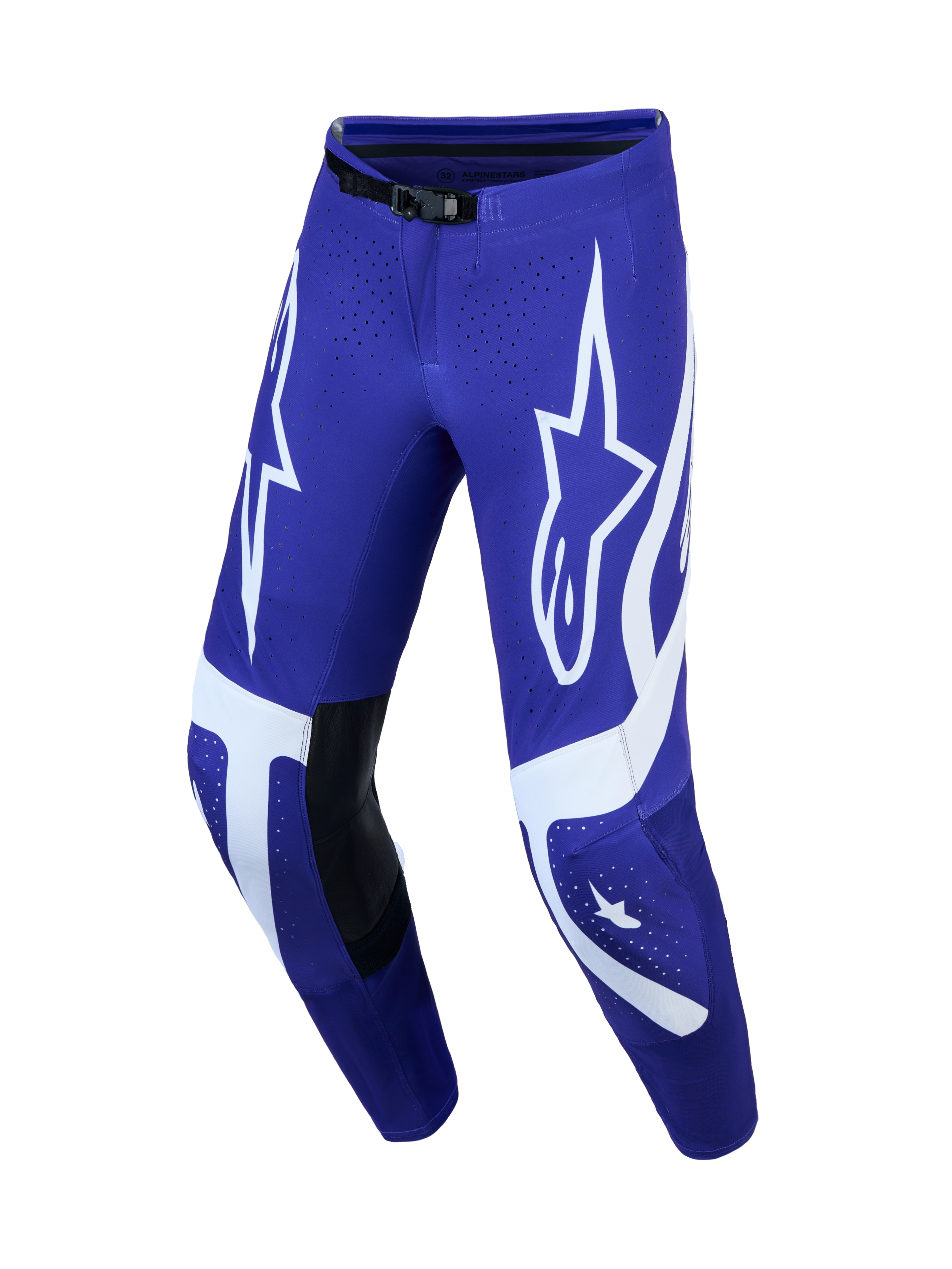 Alpinestars Supertech Vesta broek, heren motorcrossbroek, donkerblauw en wit, met leren kniepanelen en ster-graphics.