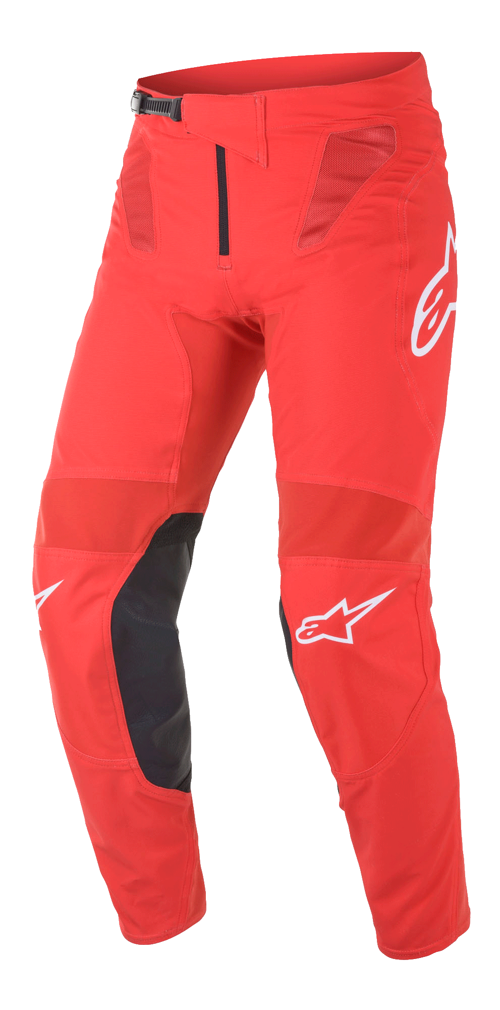 Alpinestars Supertech Blaze Pants, pantalon de motocross, rouge vif et noir, avec panneaux de ventilation en mesh, renforts intérieurs des genoux en cuir noir, logos A-star blancs et boucle de taille à cliquet réglable pour la conduite tout-terrain haute performance