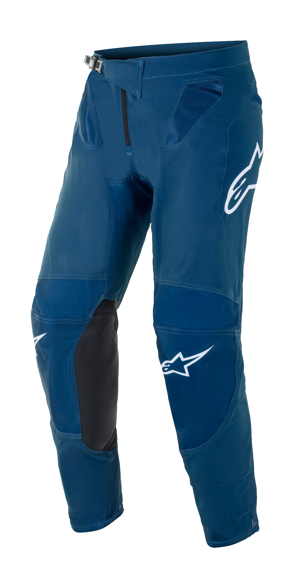 Alpinestars Supertech Blaze broek, motorcross off-road broek, donkerblauw, met zwarte lederen kniepanelen aan de binnenkant, witte Alpinestars logo's op de dij en het been, verstelbare ratelsluiting in de taille en mesh ventilatiezones bij de heupen