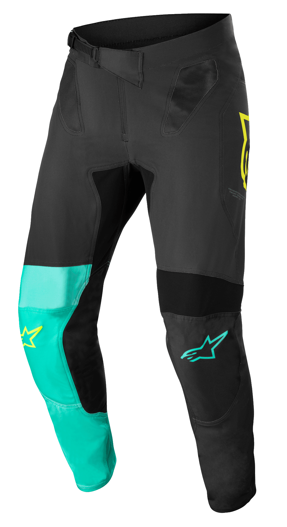 Alpinestars Supertech Blaze Pants, pantalon de motocross, noir, vert pastel et jaune fluo, avec des panneaux de jambes asymétriques, des logos étoile jaune et turquoise, des inserts de ventilation en mesh et une ceinture à cliquet réglable pour la course tout-terrain
