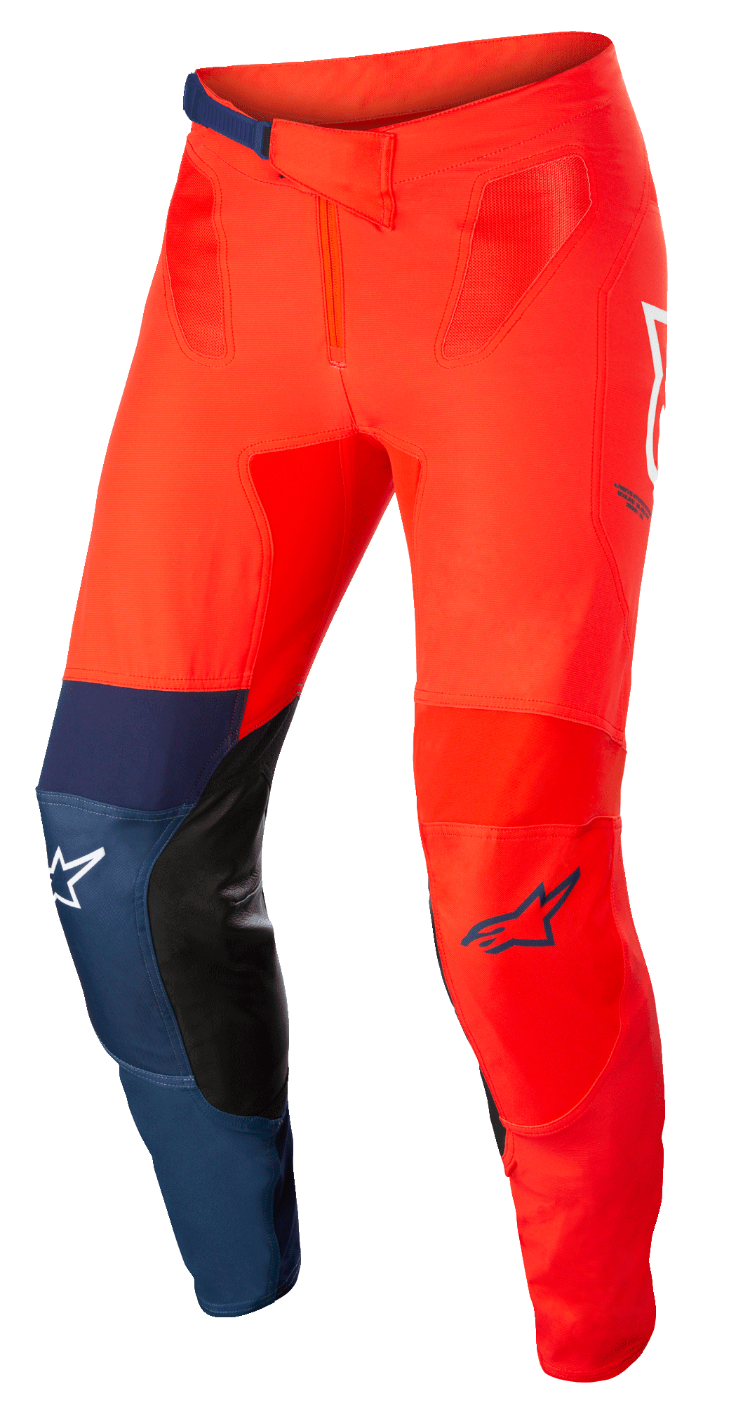 Alpinestars Supertech Blaze Pants, pantalon de motocross tout-terrain, rouge vif et bleu foncé avec accents blancs, doté de renforts intérieurs en cuir noir aux genoux, fermeture à cliquet réglable à la taille, logos Alpinestars blancs et bleus, construction extensible durable pour le motocross