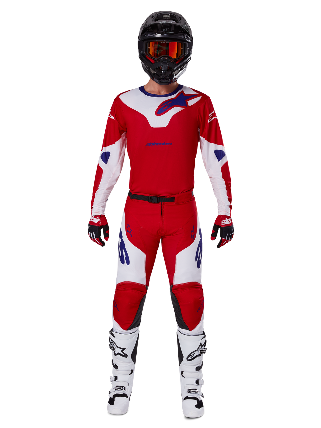 Alpinestars 2025 Racer Veil Hose und komplettes Motocross-Ausrüstungsset, Leuchtendes Rot und Weiß mit blauen Akzenten, mit passendem Trikot, schwarzem Helm mit orangefarbener Brille, weiß-schwarzen Stiefeln und roten Handschuhen, koordinierter Performance-Look für Offroad-Rennen