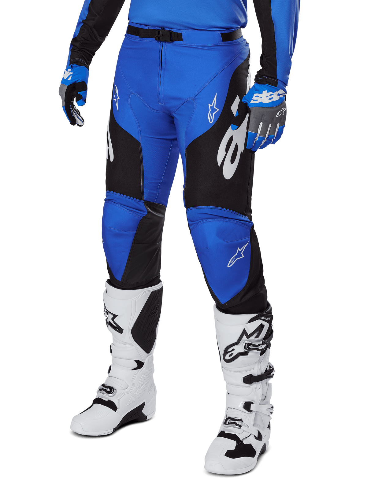 Alpinestars 2025 Racer Veil Pants, Motocross Pants, Blue and Black, with white graphic accents, worn with matching blue jersey, gloves, and white boots, durable protection gear for off-road racing
