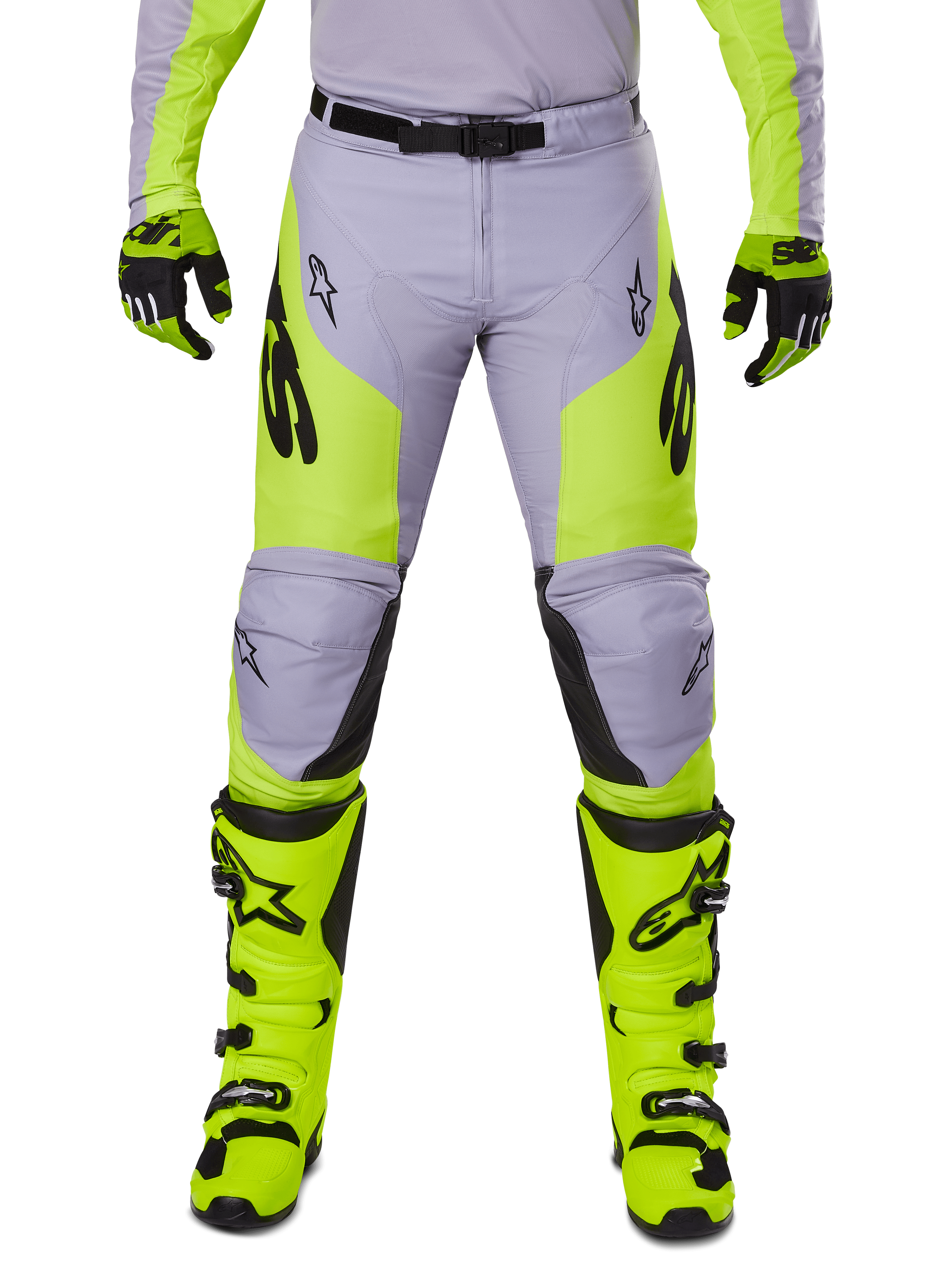 Alpinestars 2025 Racer Veil Pants, Motocross Pants, Gray and Yellow Fluo, worn with matching fluorescent yellow boots and gloves, featuring black Alpinestars logos, ergonomic design for off-road racing