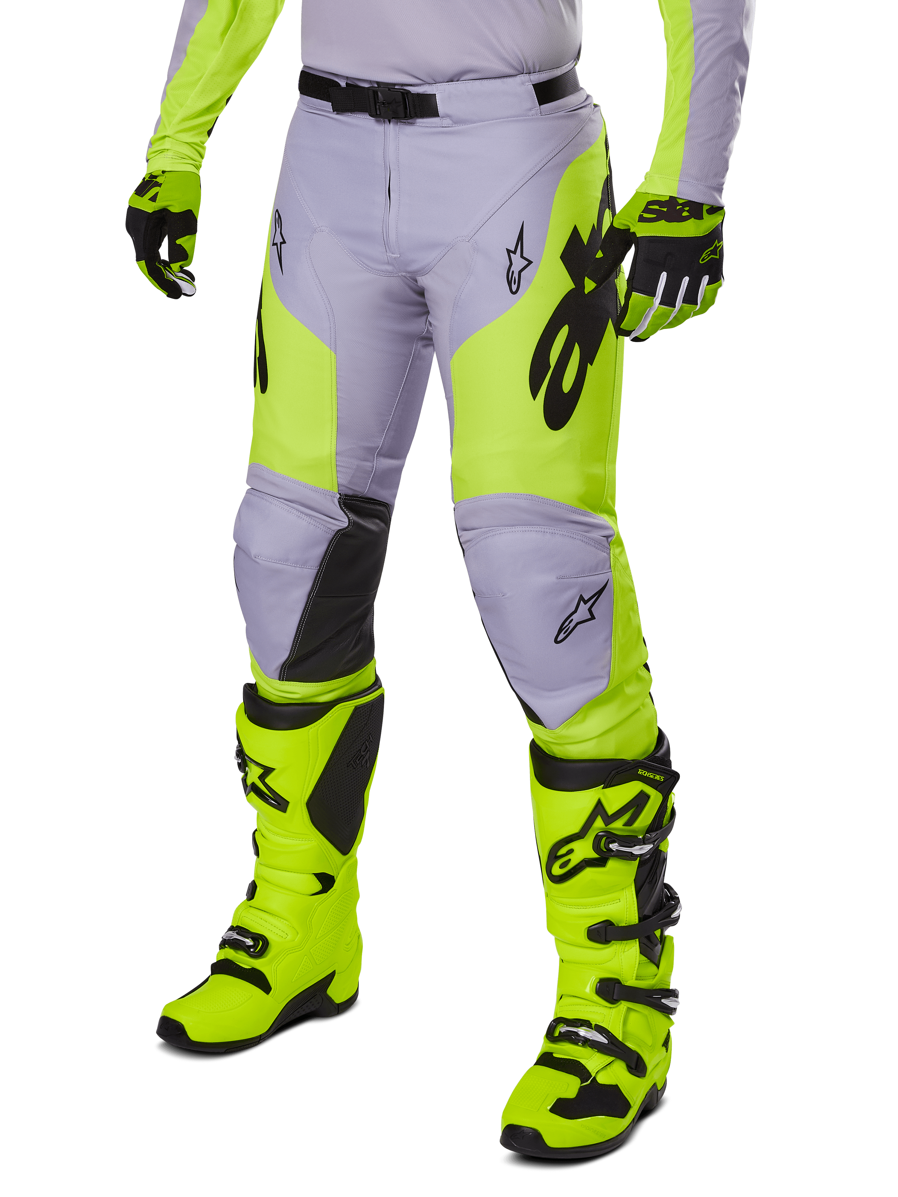 Alpinestars 2025 Racer Veil Pants, Motocross Pants, Gray and Neon Yellow Fluo, featuring black star logos and adjustable waist belt, shown with matching motocross boots and gloves, ergonomic design for off-road riding