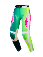 Alpinestars 2026 Racer Portl Pants, motorcrossbroek, groen en wit met felle roze logo's, met een kleurverloop van groenblauw naar neongroen, versterkte binnenknieën en een stevige gespsluiting voor off-road racen.