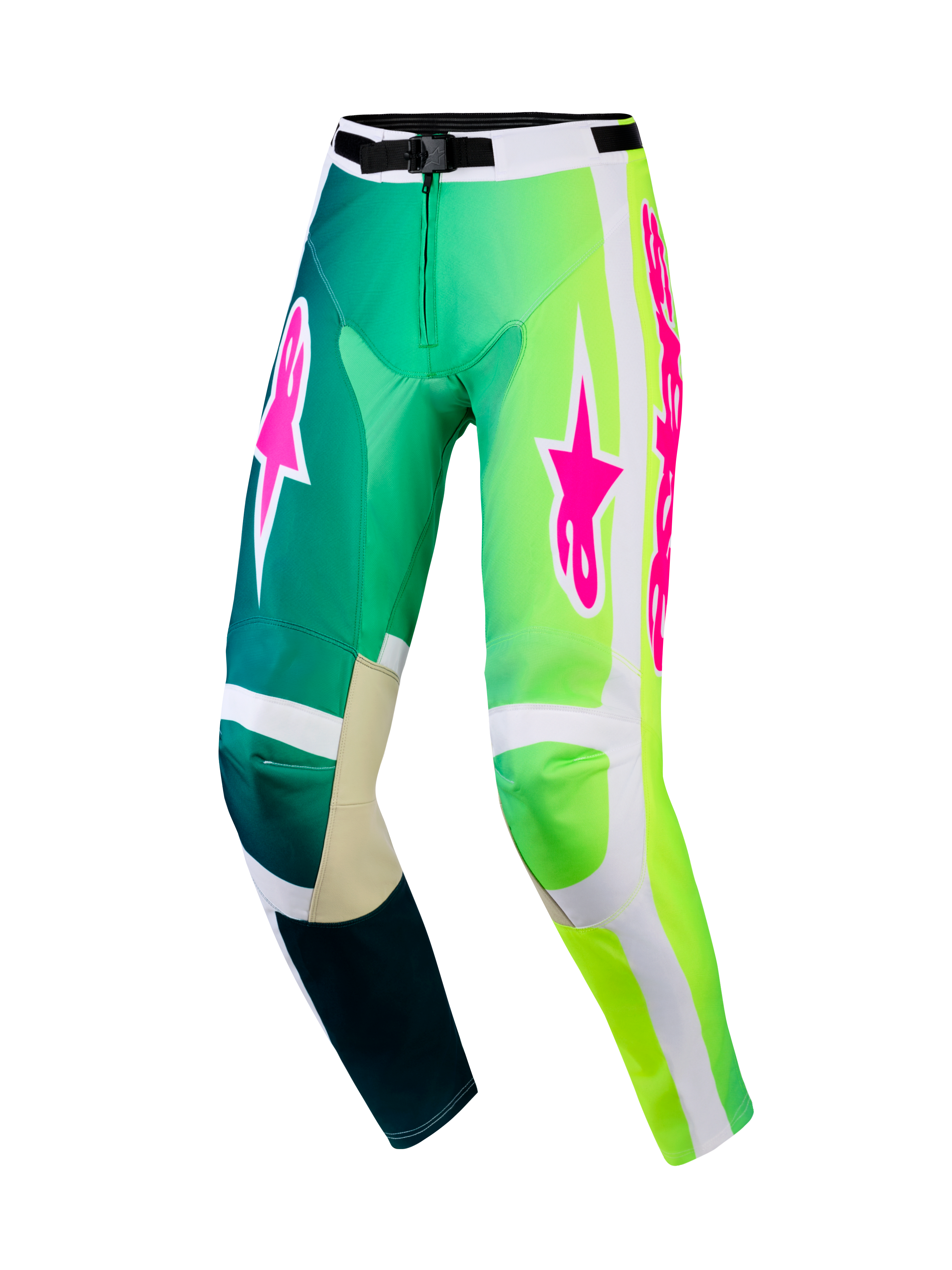 Alpinestars 2026 Racer Portl Pants, motorcrossbroek, groen en wit met felle roze logo's, met een kleurverloop van groenblauw naar neongroen, versterkte binnenknieën en een stevige gespsluiting voor off-road racen.