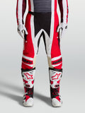 Alpinestars 2027 Techstar Maven Pants, fire red and white motocross racing pants with black accents and leather knee panels.