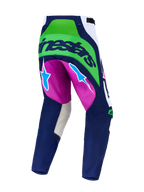 Alpinestars Techstar Maven broek, marineblauwe en fluogroene motorcrossbroek met paarse accenten en stretchzones.