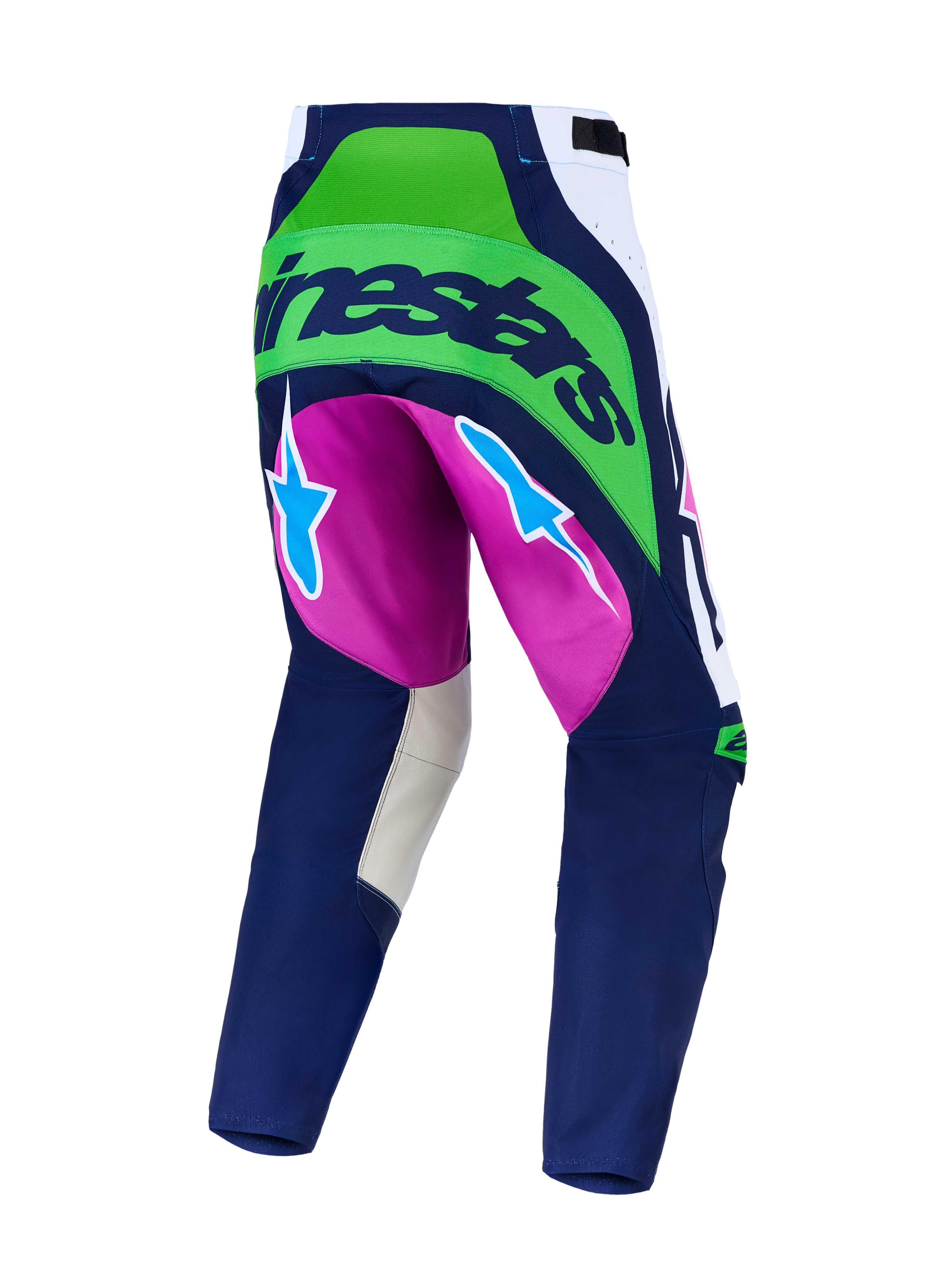 Alpinestars Techstar Maven broek, marineblauwe en fluogroene motorcrossbroek met paarse accenten en stretchzones.