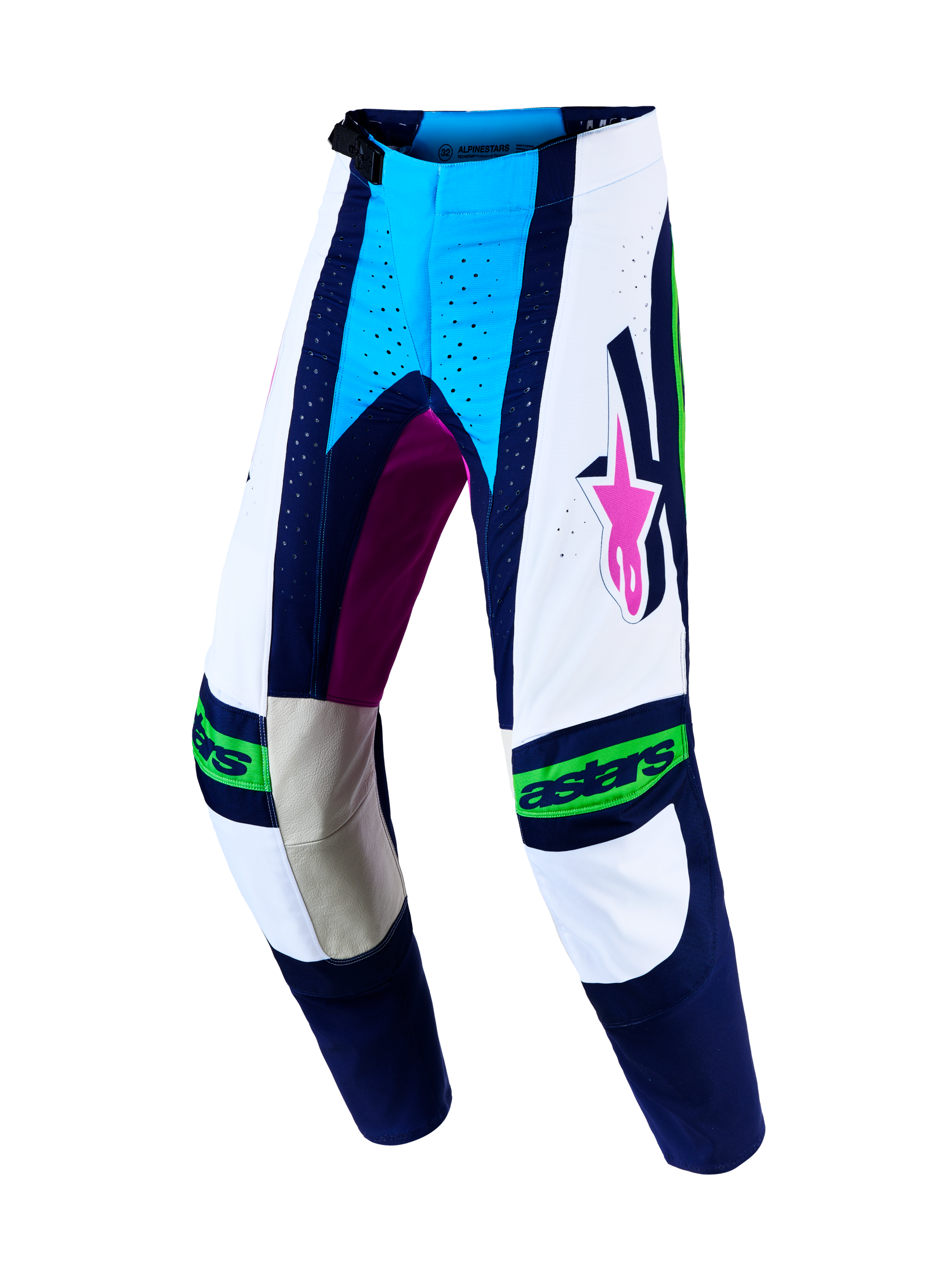 Alpinestars Techstar Maven motocrossbroek voor heren, wit en blauw, met lederen kniepanelen en atletische race-pasvorm.