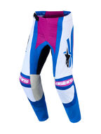Alpinestars Techstar Maven heren-motorcrossbroek, wit en blauw met koraalroze accenten, laserperforaties en 600D polystof.