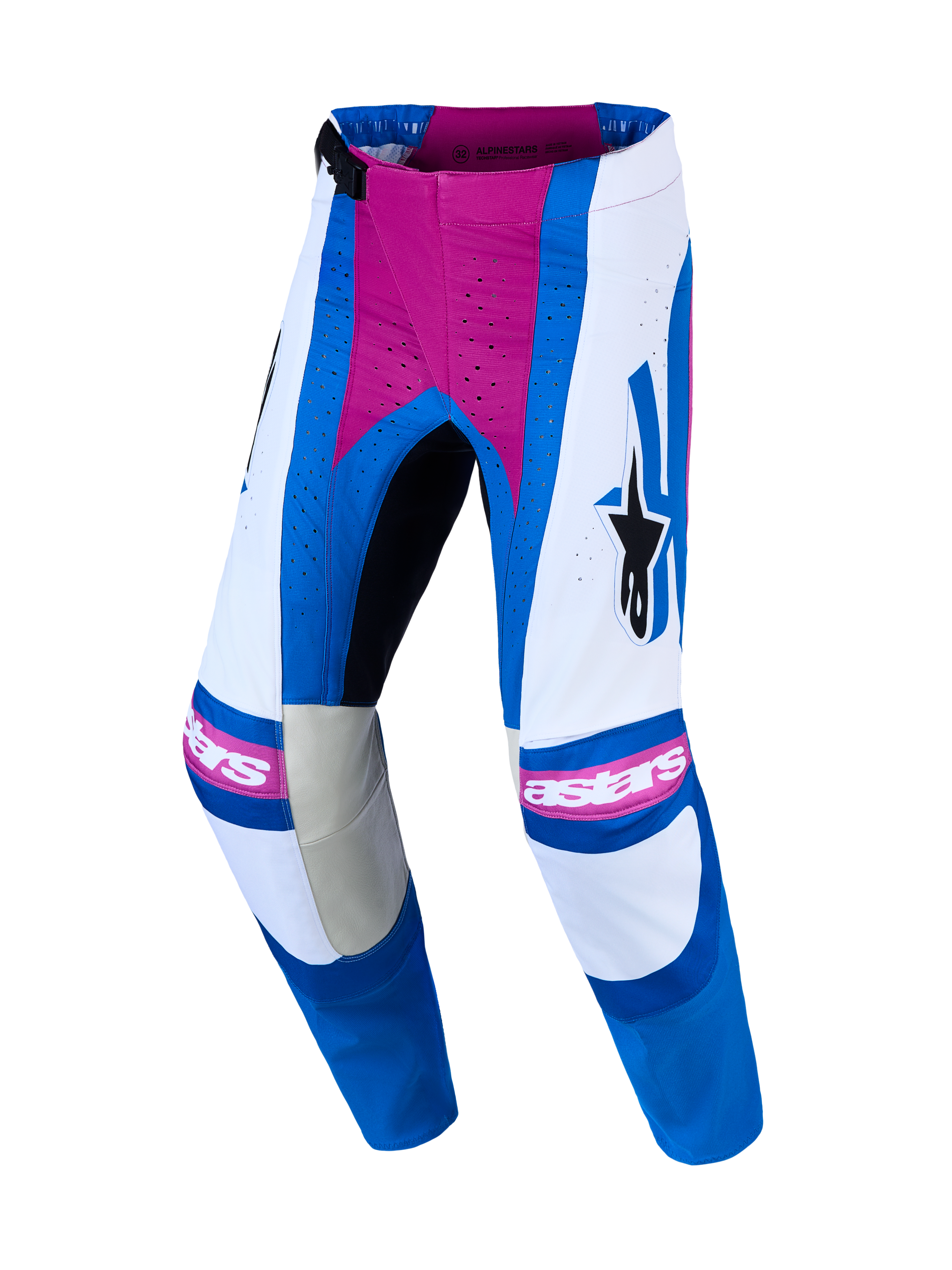 Alpinestars Techstar Maven heren-motorcrossbroek, wit en blauw met koraalroze accenten, laserperforaties en 600D polystof.