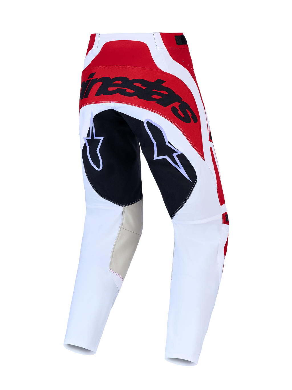Alpinestars Techstar Maven heren motocrossbroek, rood en wit, met duurzaam geitenleer op de binnenknieën, achteraanzicht.