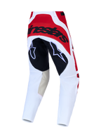 Alpinestars Techstar Maven heren motocrossbroek, rood en wit, met duurzaam geitenleer op de binnenknieën, achteraanzicht.