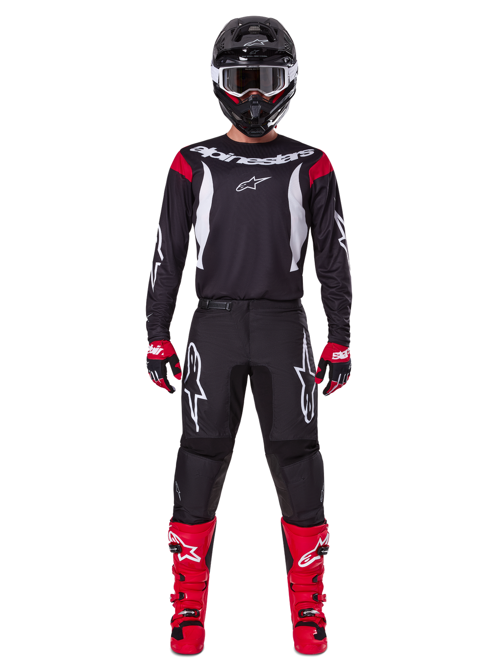 Alpinestars 2025 Fluid Haul Ausrüstungsset, Motocross-Fahrer in kompletter Rennausrüstung, schwarzes Trikot mit roten Schulterakzenten und weißen Logos, schwarze Hose mit weißem Stern-Branding, leuchtend rote Stiefel, rot-schwarze Handschuhe, schwarzer Helm mit weißer Brille, abgestimmter Offroad-Performance-Look