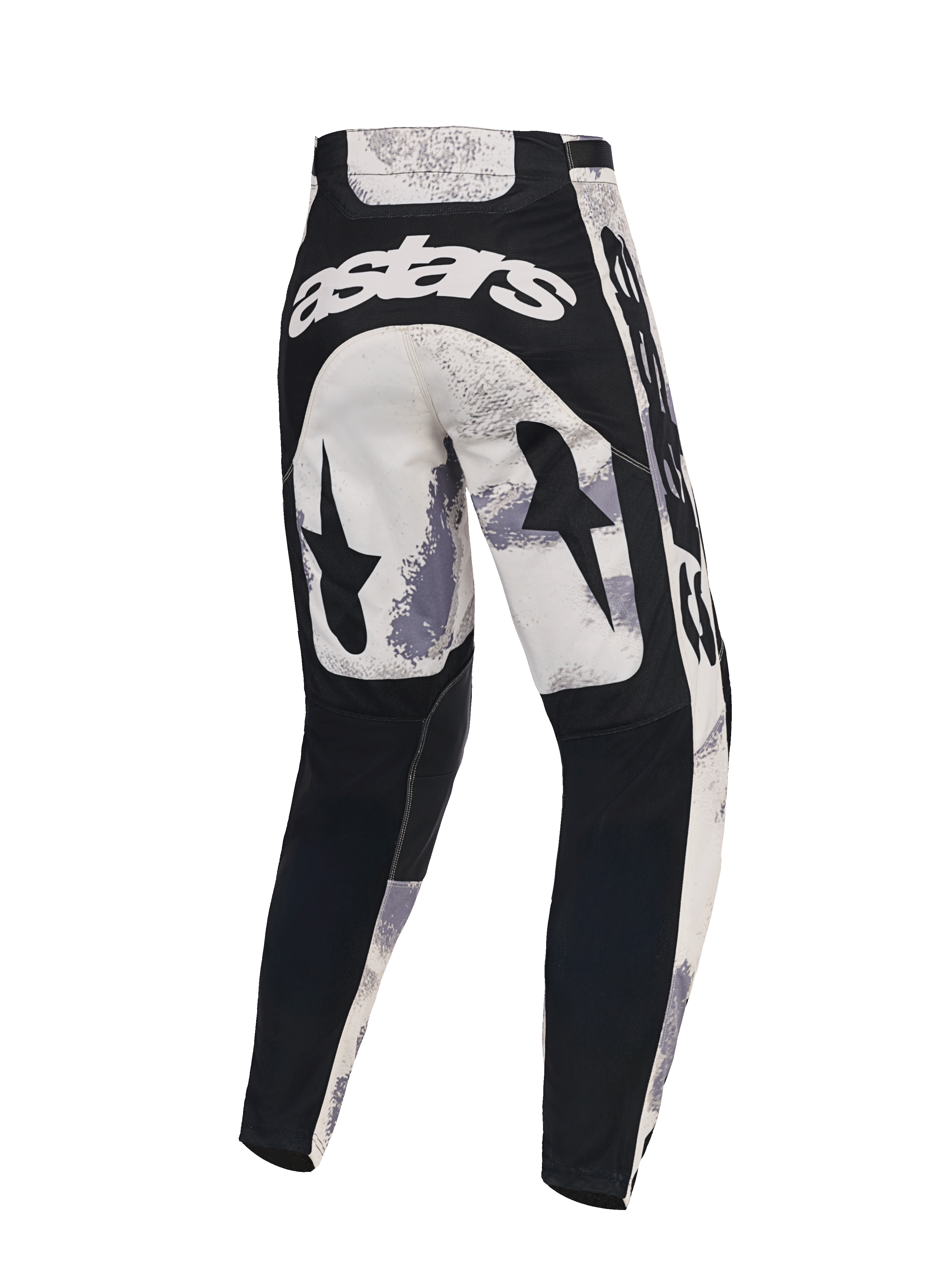 Alpinestars 2026 Racer Lahnd Pants, pantalon de motocross, camouflage sable et gris, vue arrière avec marquage astars blanc au dos, motifs d'étoiles noires sur les cuisses et panneaux noirs sur le bas des jambes, design ergonomique pour la course tout-terrain