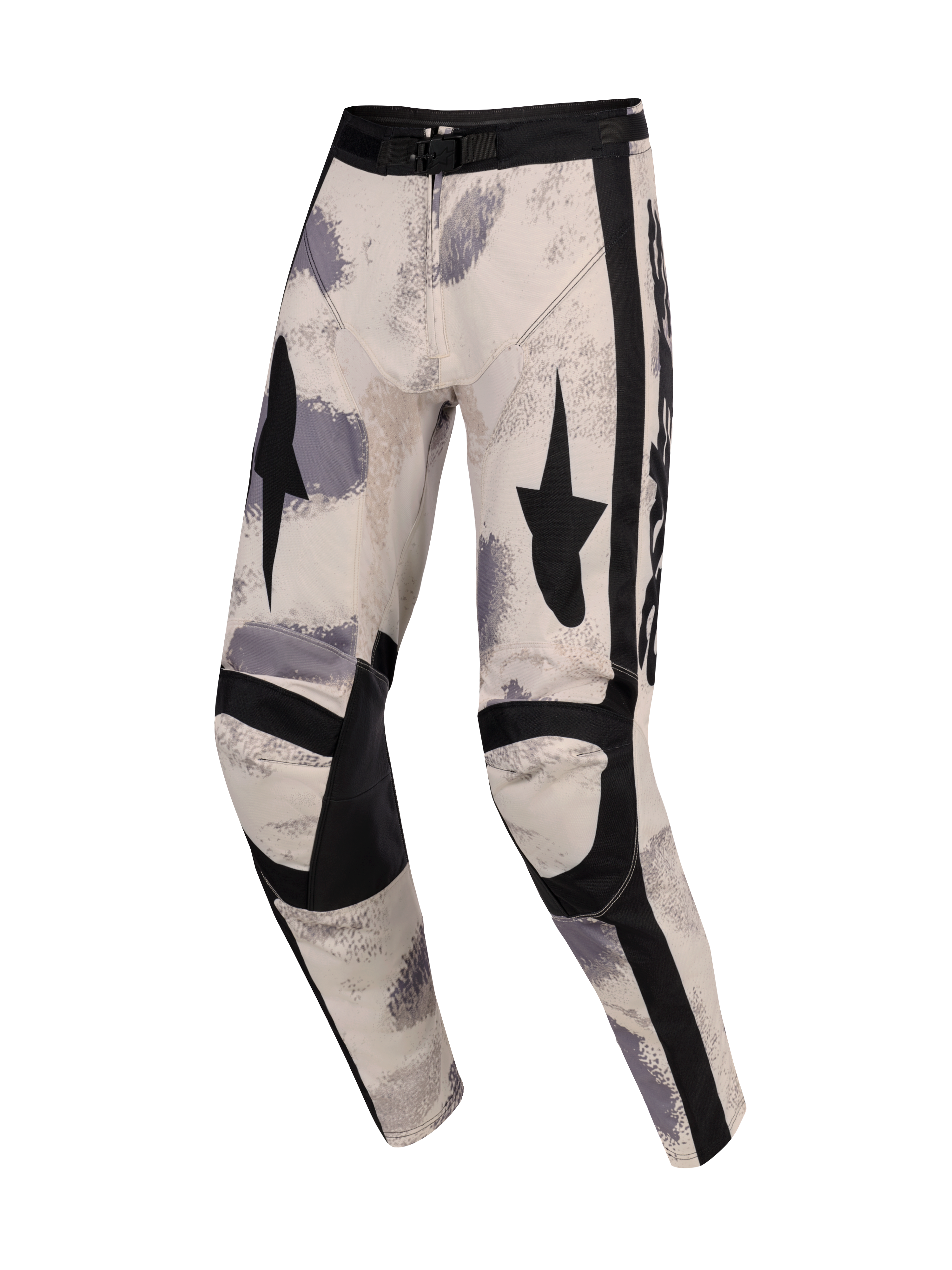 Alpinestars 2026 Racer Lahnd Pants, pantalon de motocross, Sand Camo, base blanc cassé avec motifs de coups de pinceau gris et noirs, graphismes d'étoiles noires sur les cuisses, panneaux de genoux renforcés noirs et boucle de taille réglable, design de course tout-terrain ergonomique