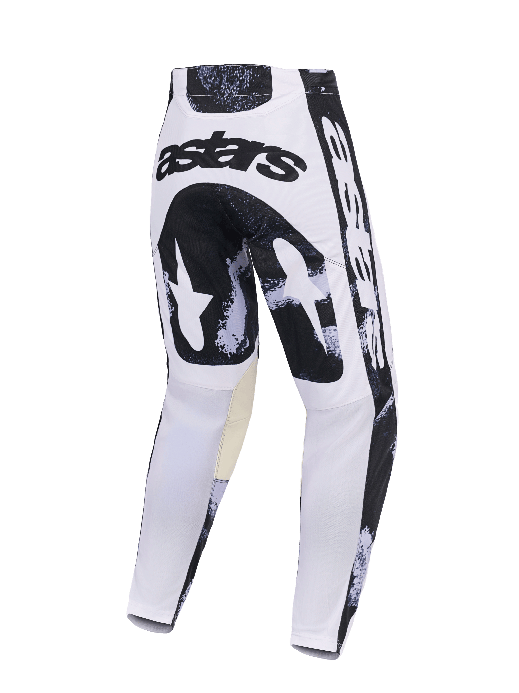 Pantalon Alpinestars Racer Lahnd 2026, pantalon de motocross, Iron Camo, vue arrière avec motif camouflage blanc et noir, logo 'astars' sur l'assise, panneaux intérieurs aux genoux beiges, construction en poly-tissu durable pour la course tout-terrain