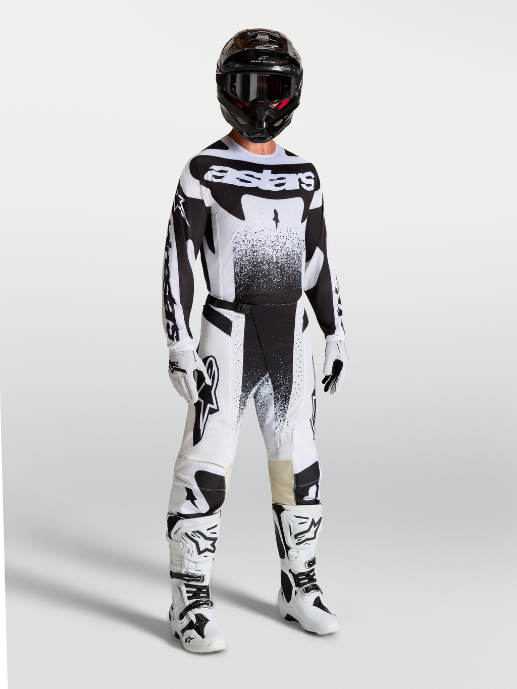 Alpinestars Techstar Swan broek, heren-motorcrossbroek in zwart en wit, atletische racepasvorm met stretch ripstopstof.