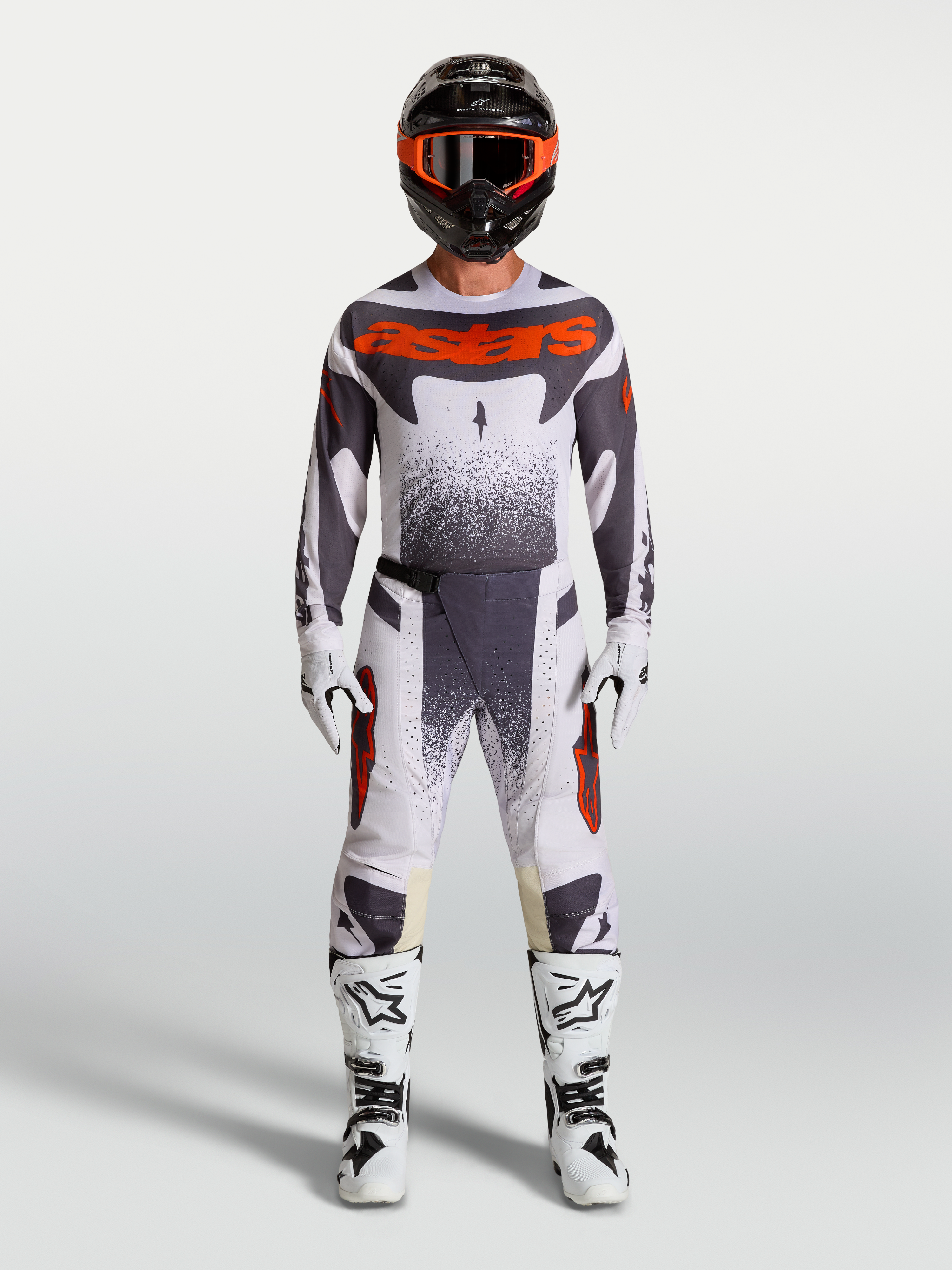 Alpinestars Techstar Swan Pants, men's motocross gear set in light lilac, dark gray, and red fluo with white boots.